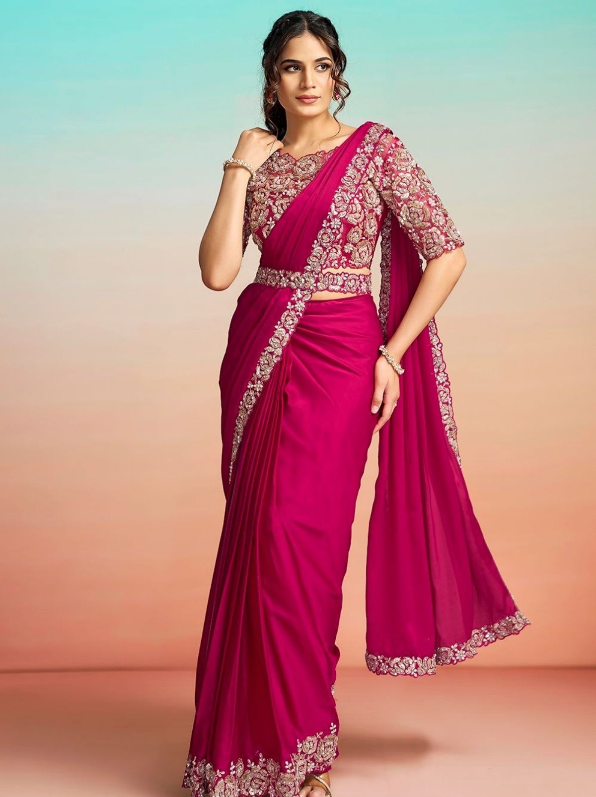 Ruby Pink Ready to Wear Premium Satin Silk Pearl Work Saree