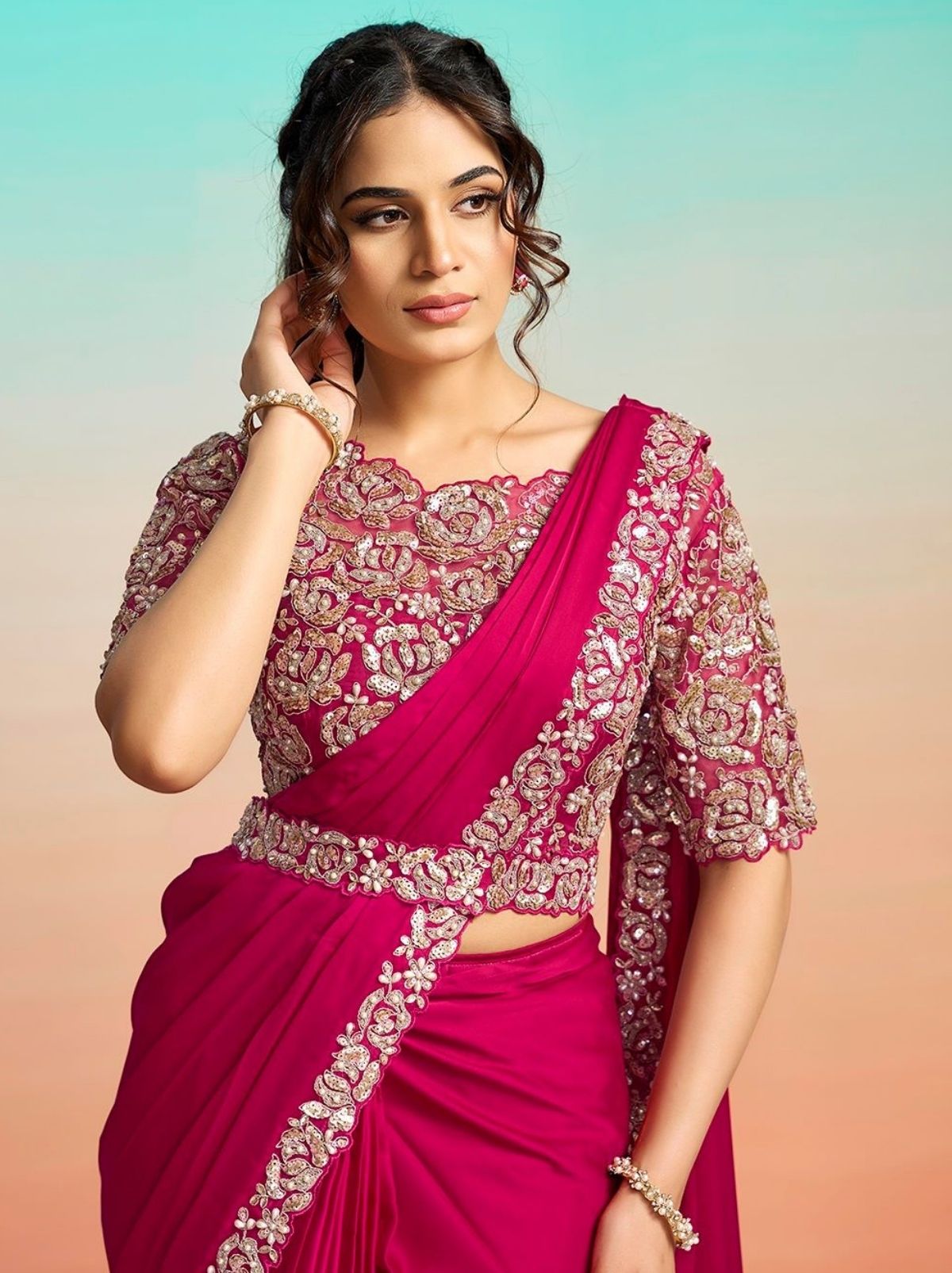 Ruby Pink Ready to Wear Premium Satin Silk Pearl Work Saree