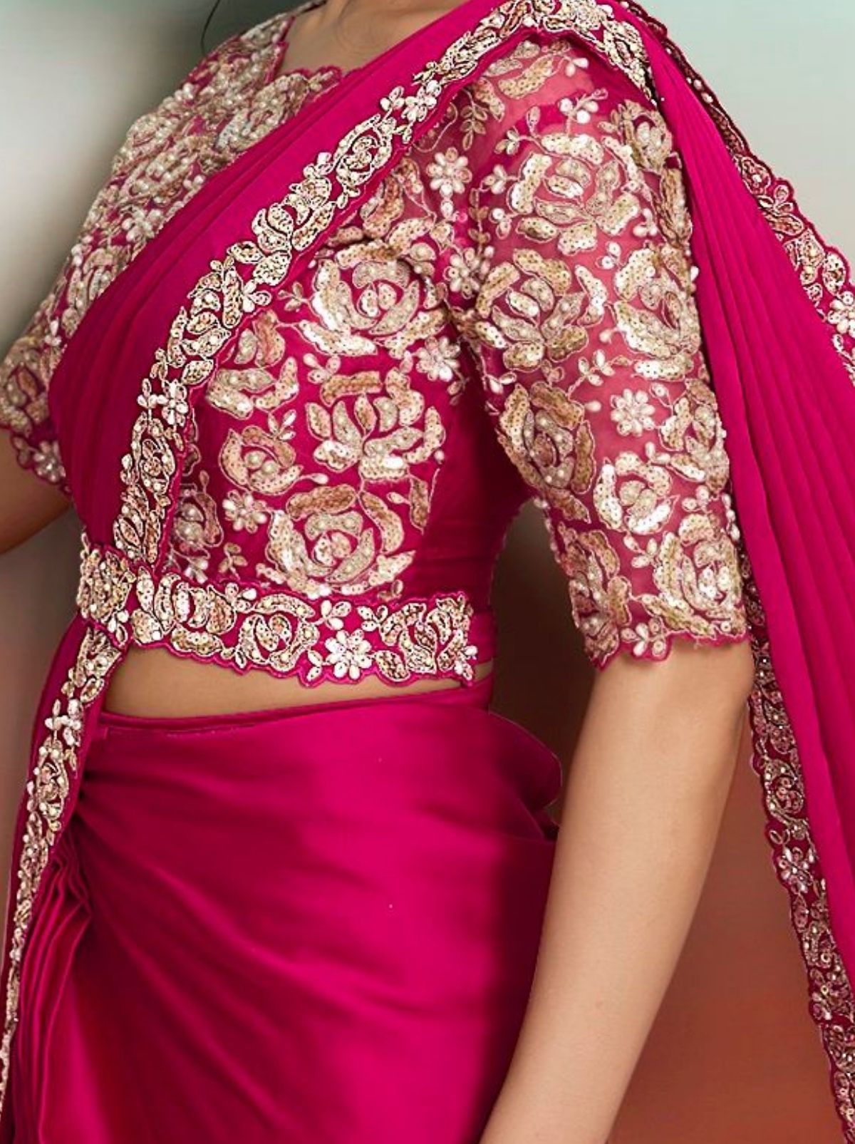Ruby Pink Ready to Wear Premium Satin Silk Pearl Work Saree