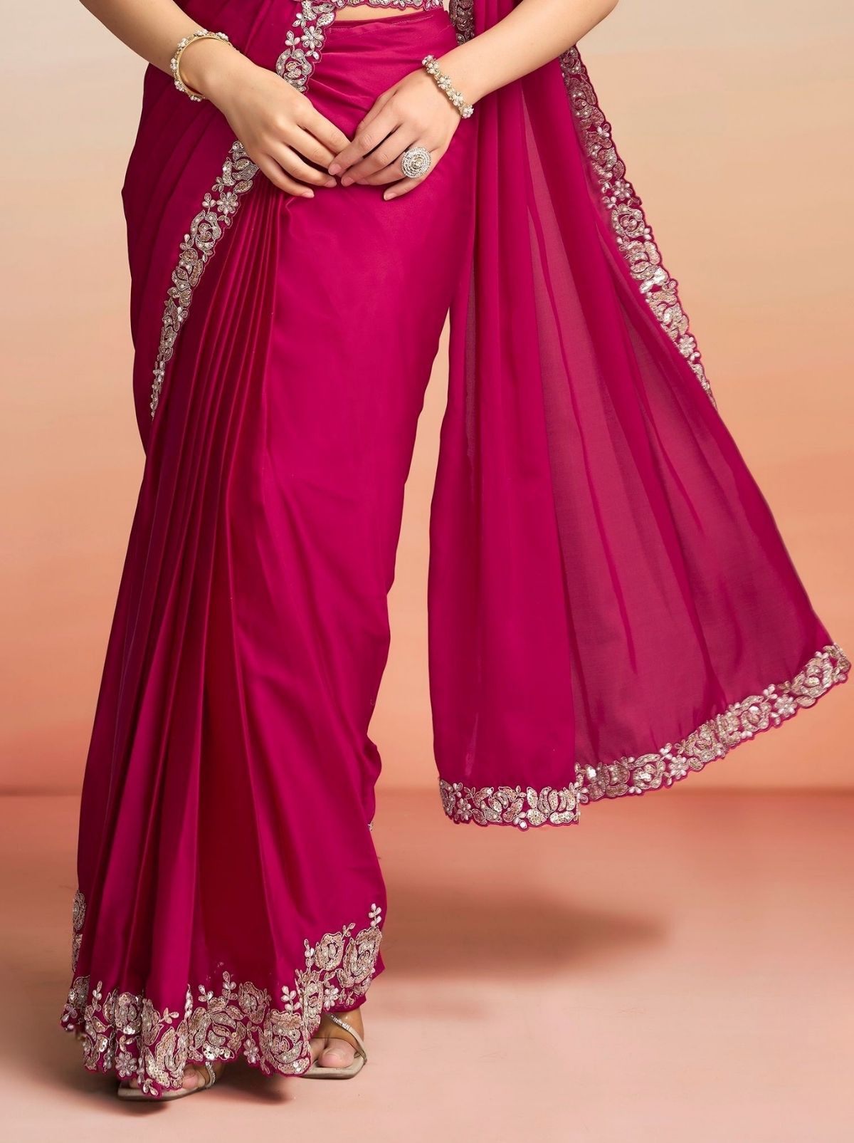 Ruby Pink Ready to Wear Premium Satin Silk Pearl Work Saree
