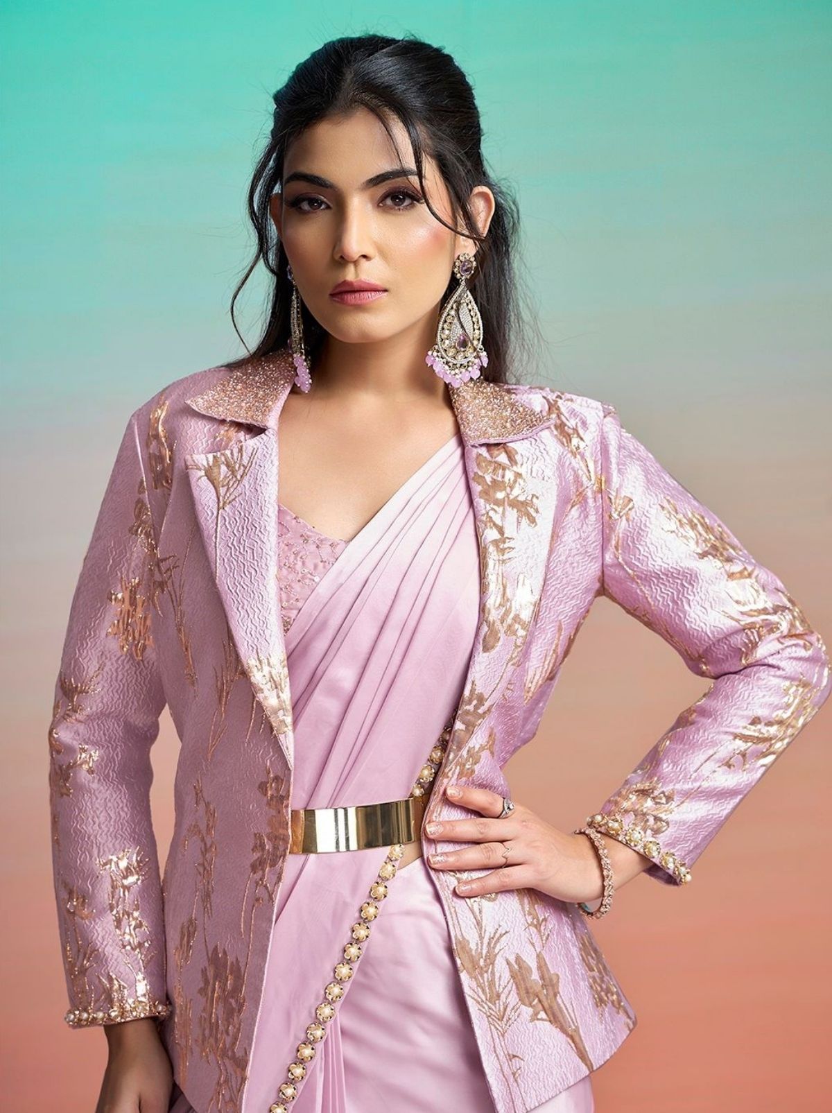 Blush Pink Ready to Wear Premium Satin Silk Pearl Work Saree