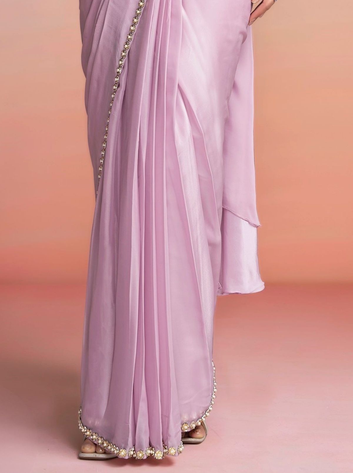 Blush Pink Ready to Wear Premium Satin Silk Pearl Work Saree