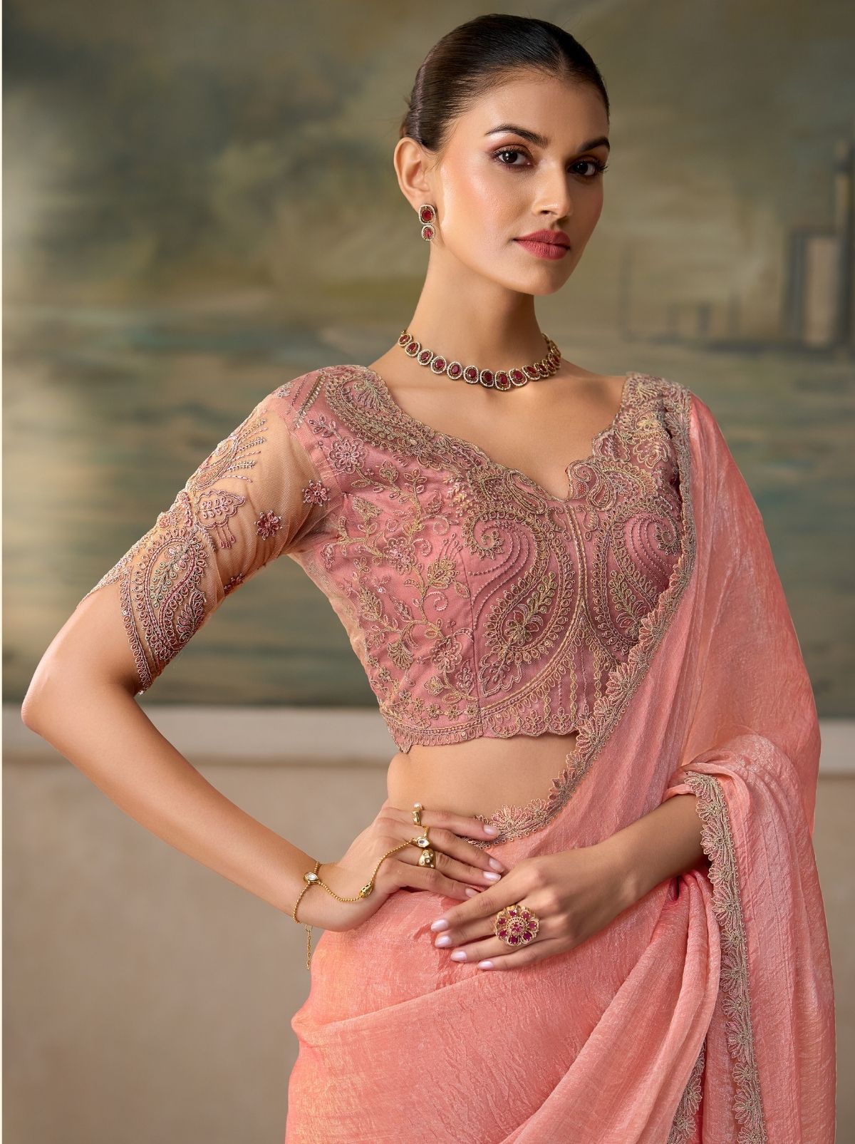 Rose Pink Regal Embroidered Saree with Blouse Piece