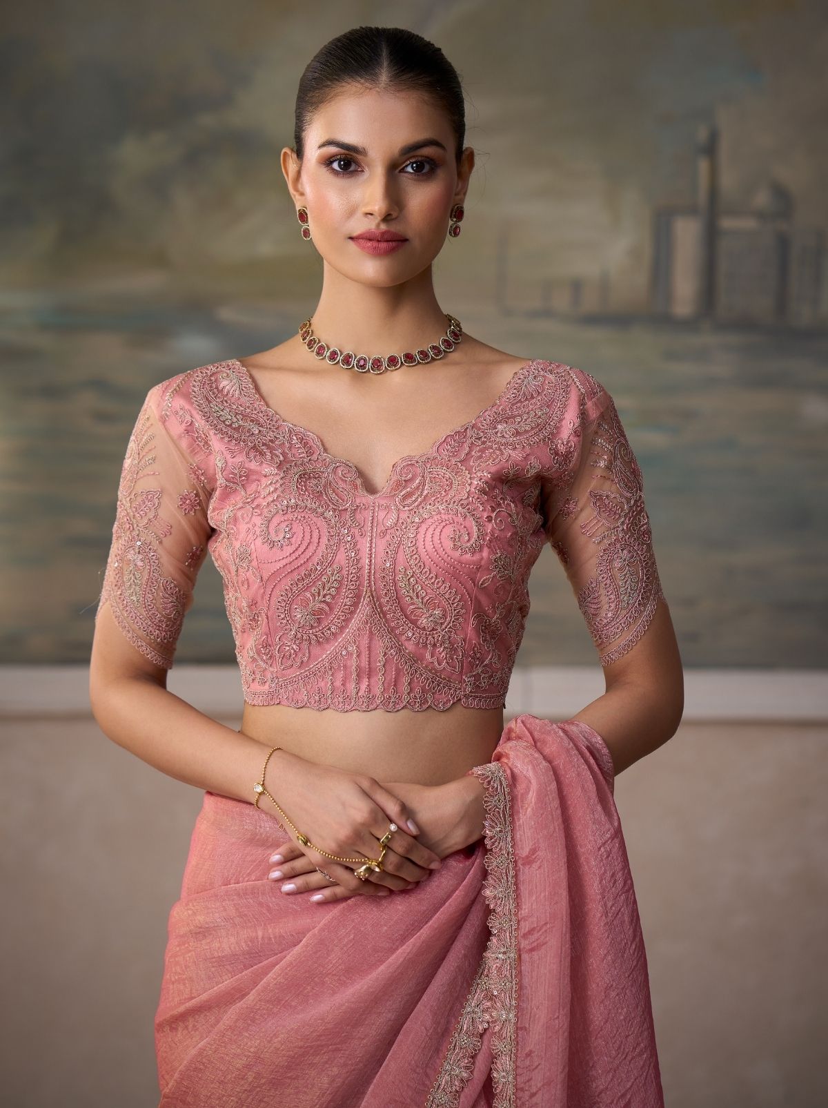 Rose Pink Regal Embroidered Saree with Blouse Piece & Net Blouse With Premium Base Liner