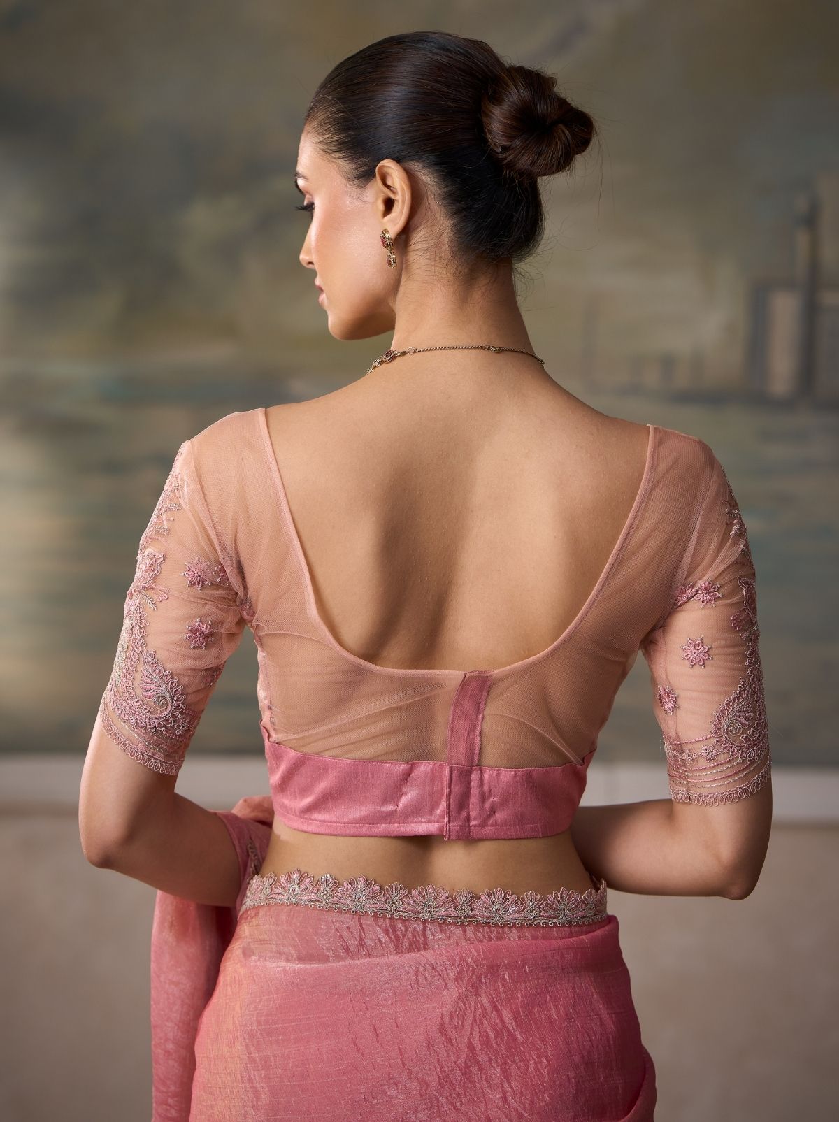 Rose Pink Regal Embroidered Saree with Blouse Piece & Net Blouse With Premium Base Liner