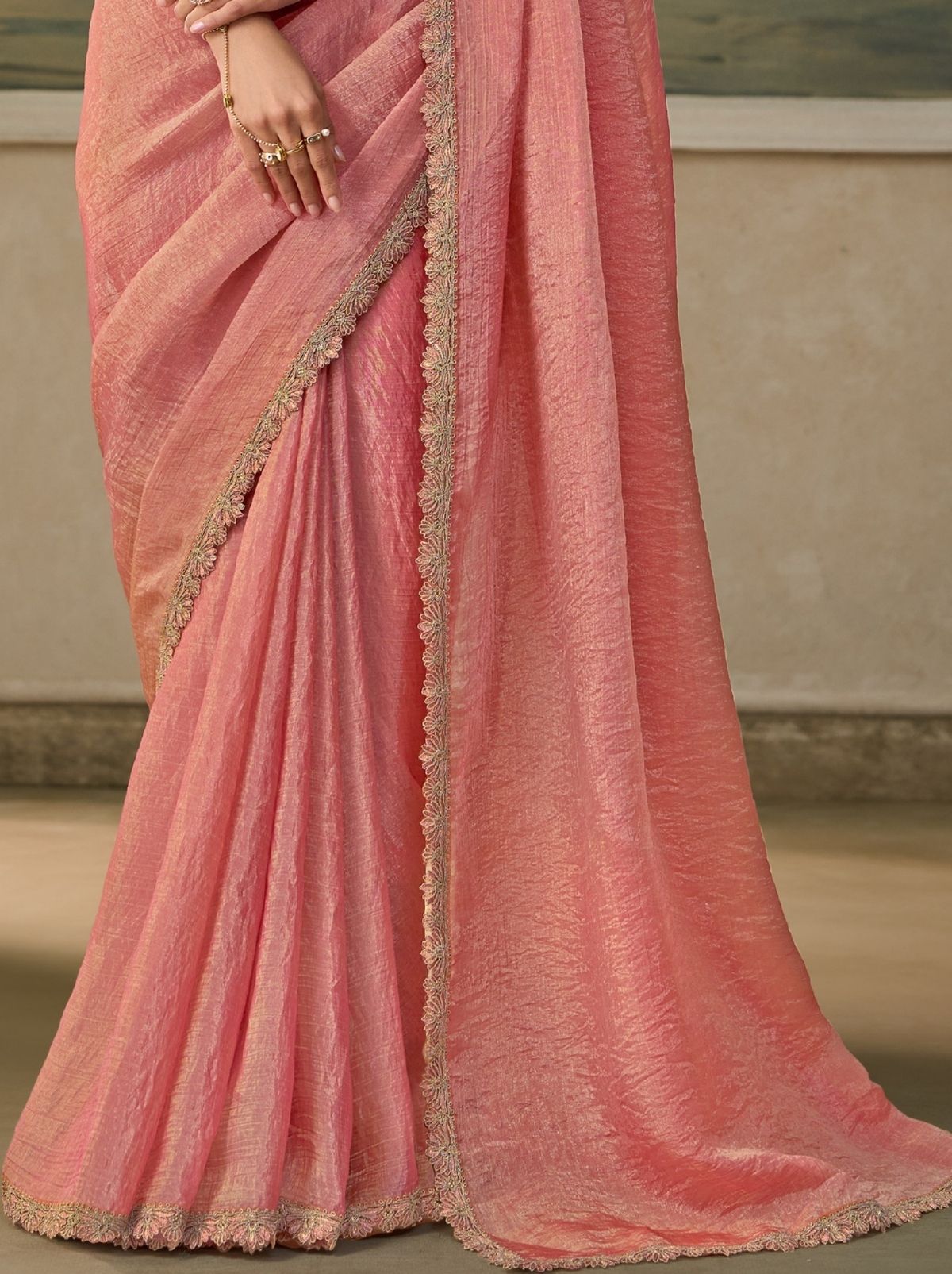 Rose Pink Regal Embroidered Saree with Blouse Piece & Net Blouse With Premium Base Liner