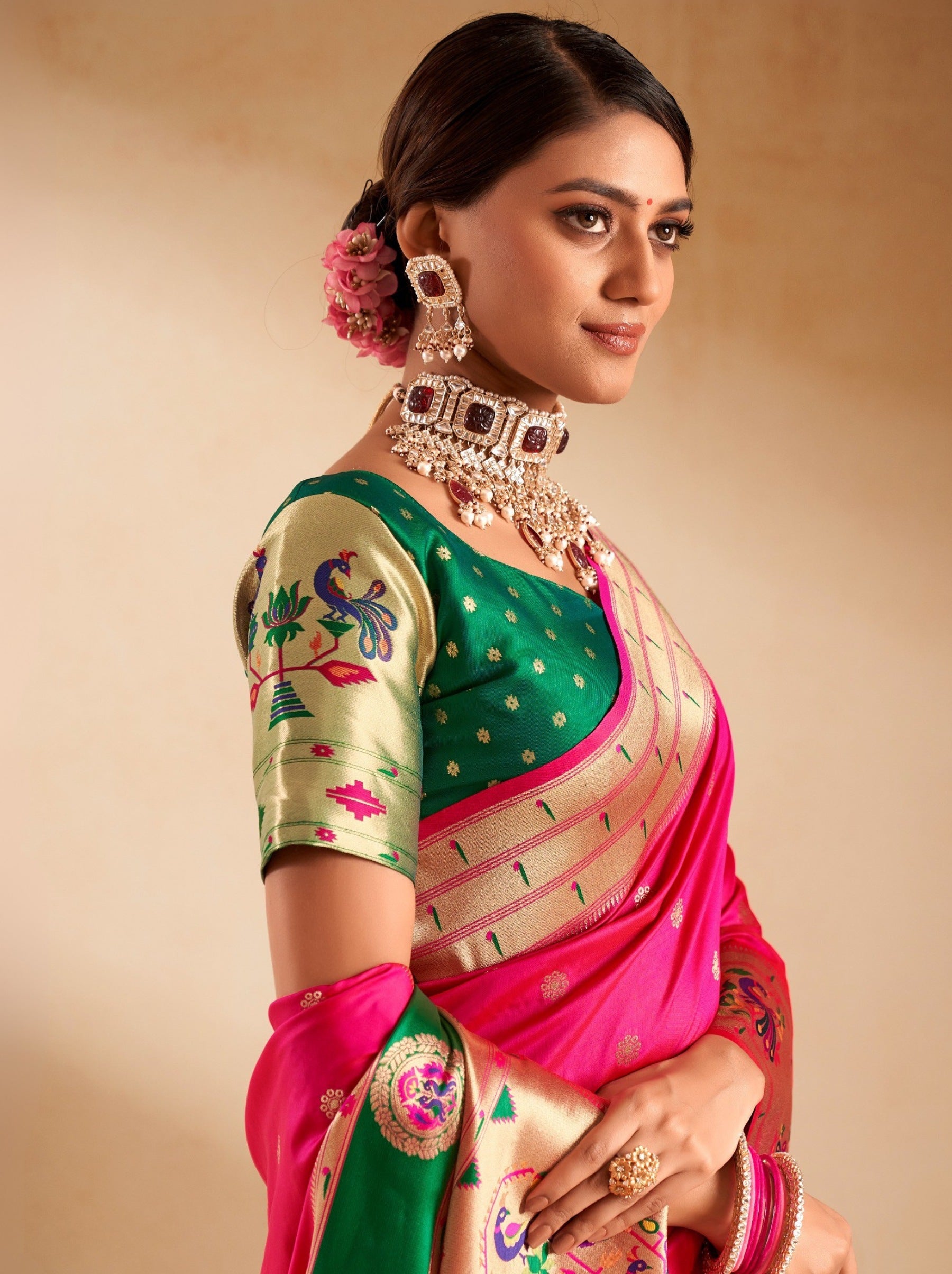 Ruby Pink Paithani Festive Saree - TrendOye