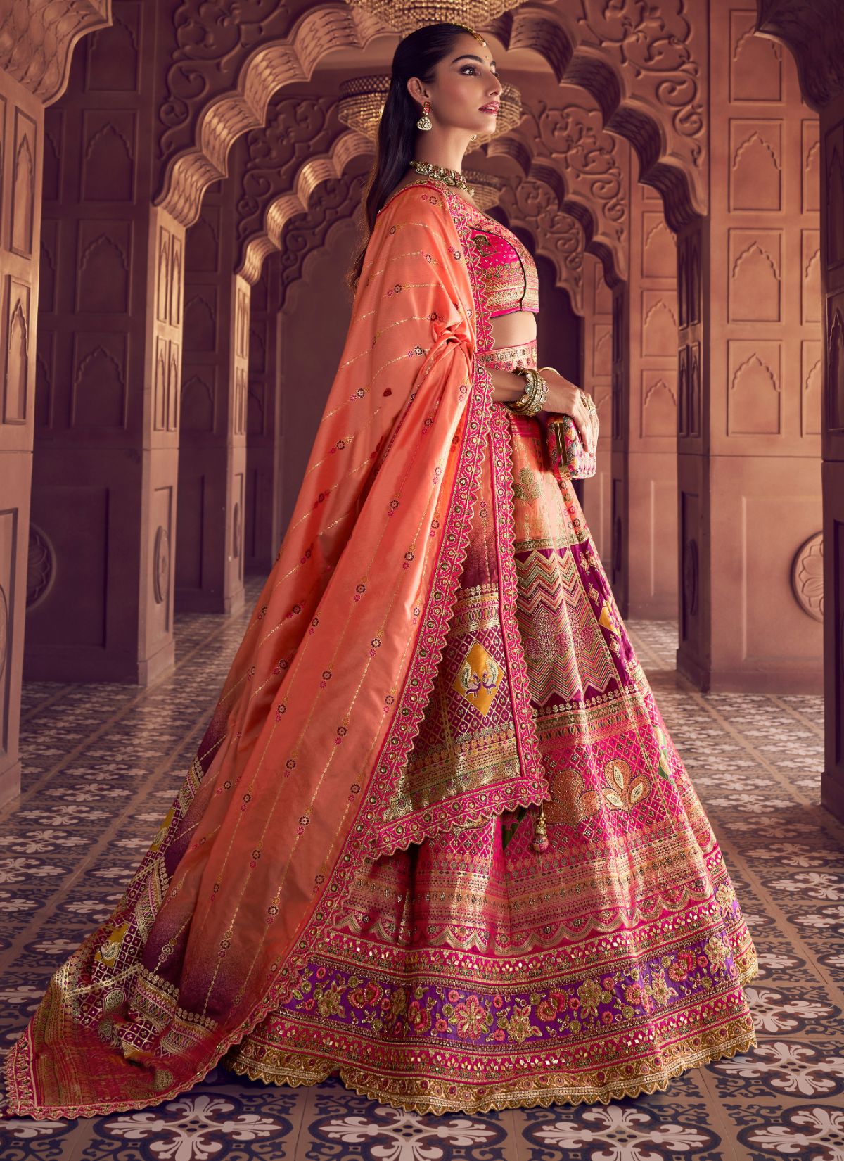 Hot Pink Royal Wedding Banarasi Lehenga Set With Sequin & Zari Work - TrendOye