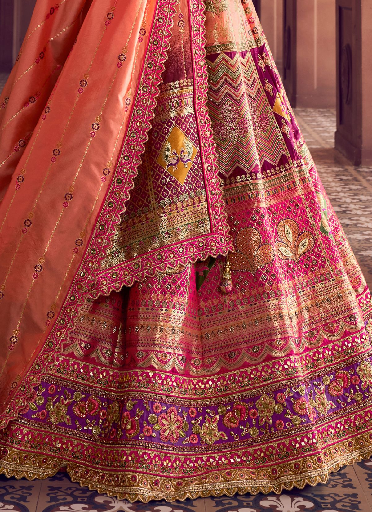 Hot Pink Royal Wedding Banarasi Lehenga Set With Sequin & Zari Work - TrendOye