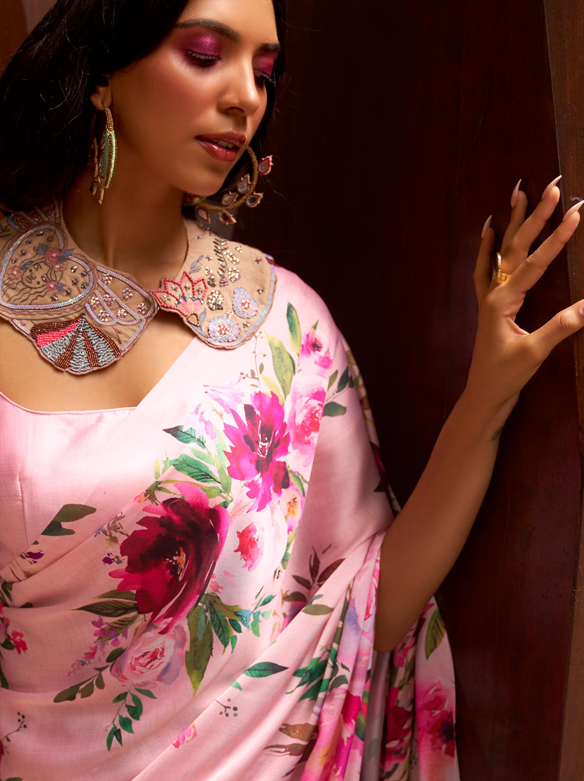 Carnation Pink Satin Silk Designer Saree - TrendOye