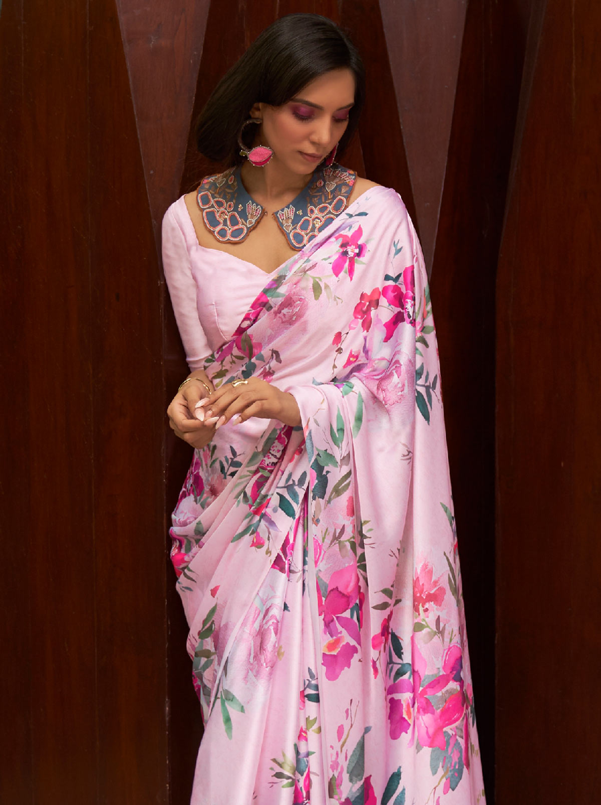 Pink Soft Satin Silk Digital Saree - TrendOye