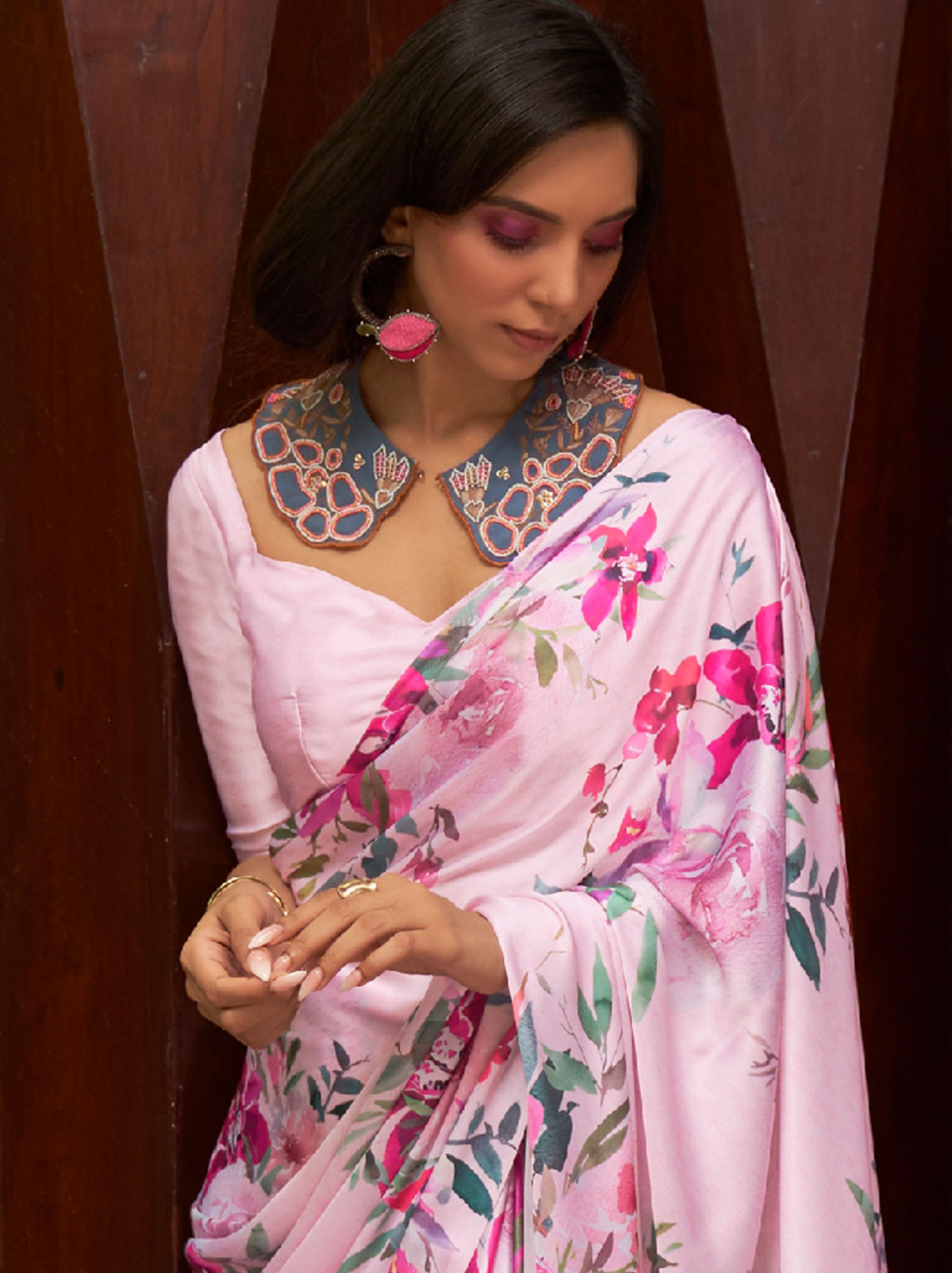 Pink Soft Satin Silk Digital Saree - TrendOye