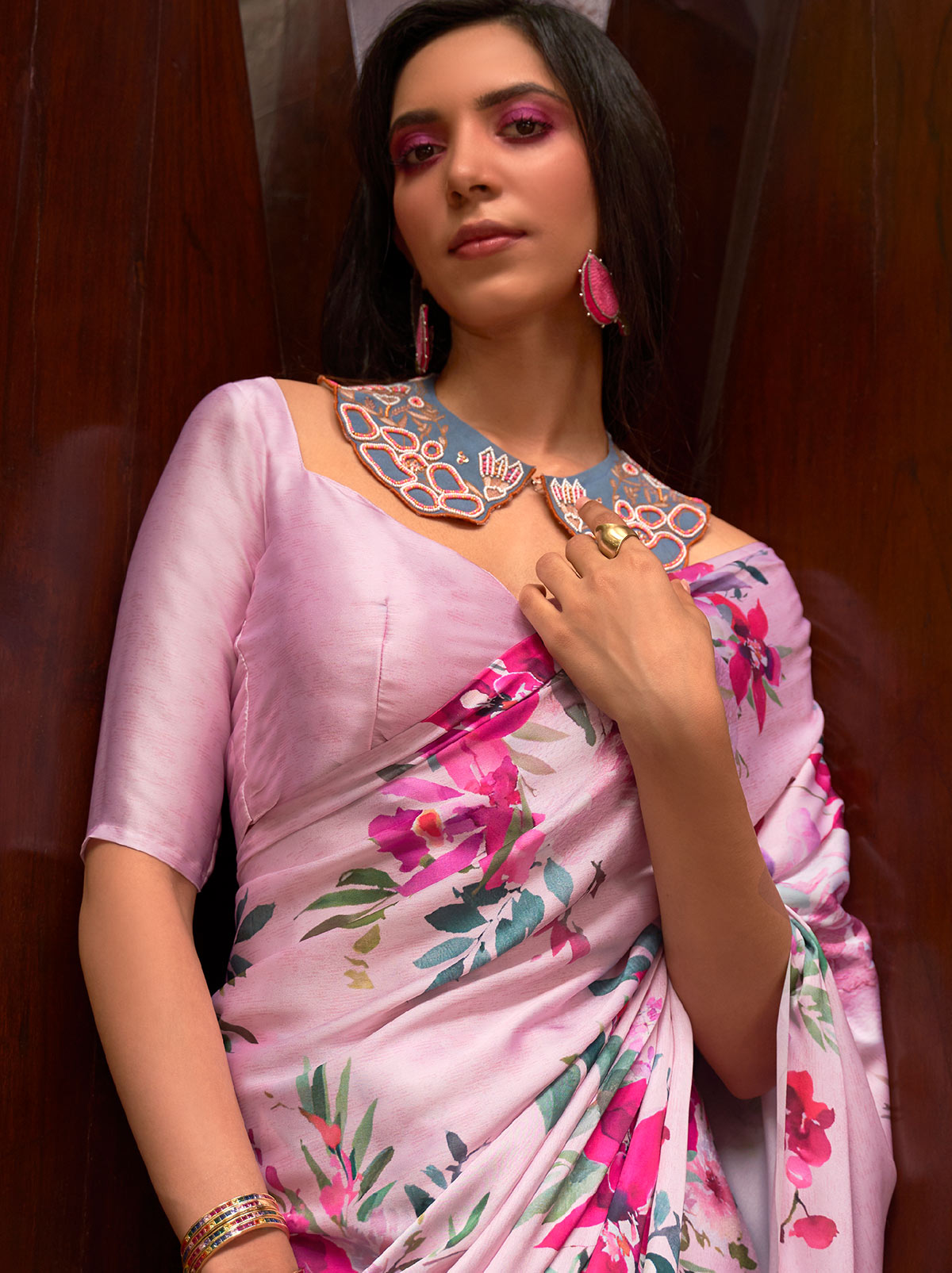 Pink Soft Satin Silk Digital Saree - TrendOye