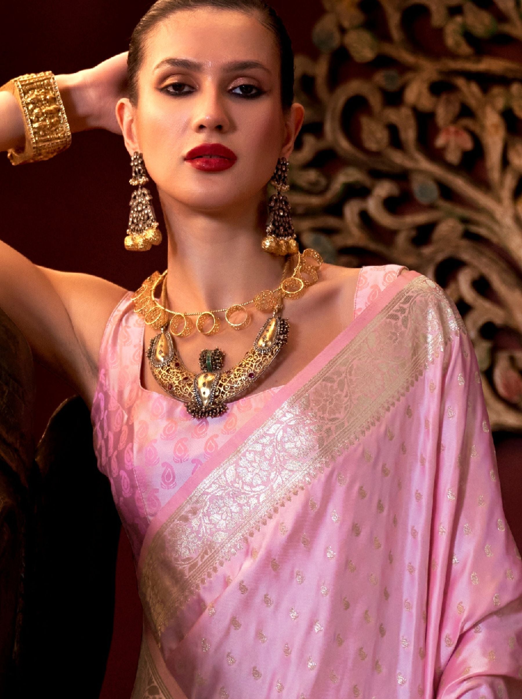 Taffy Pink Handwoven Satin Silk Designer Saree - TrendOye