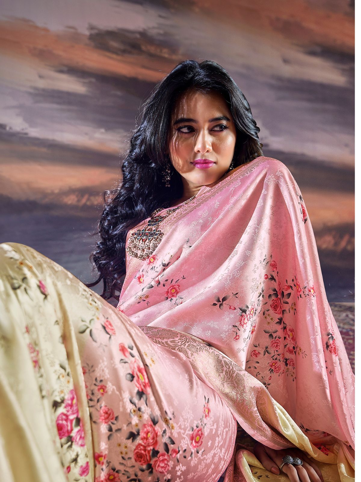 Carnation Pink Fine Satin Digital Silk Dual Tone Designer Saree - TrendOye
