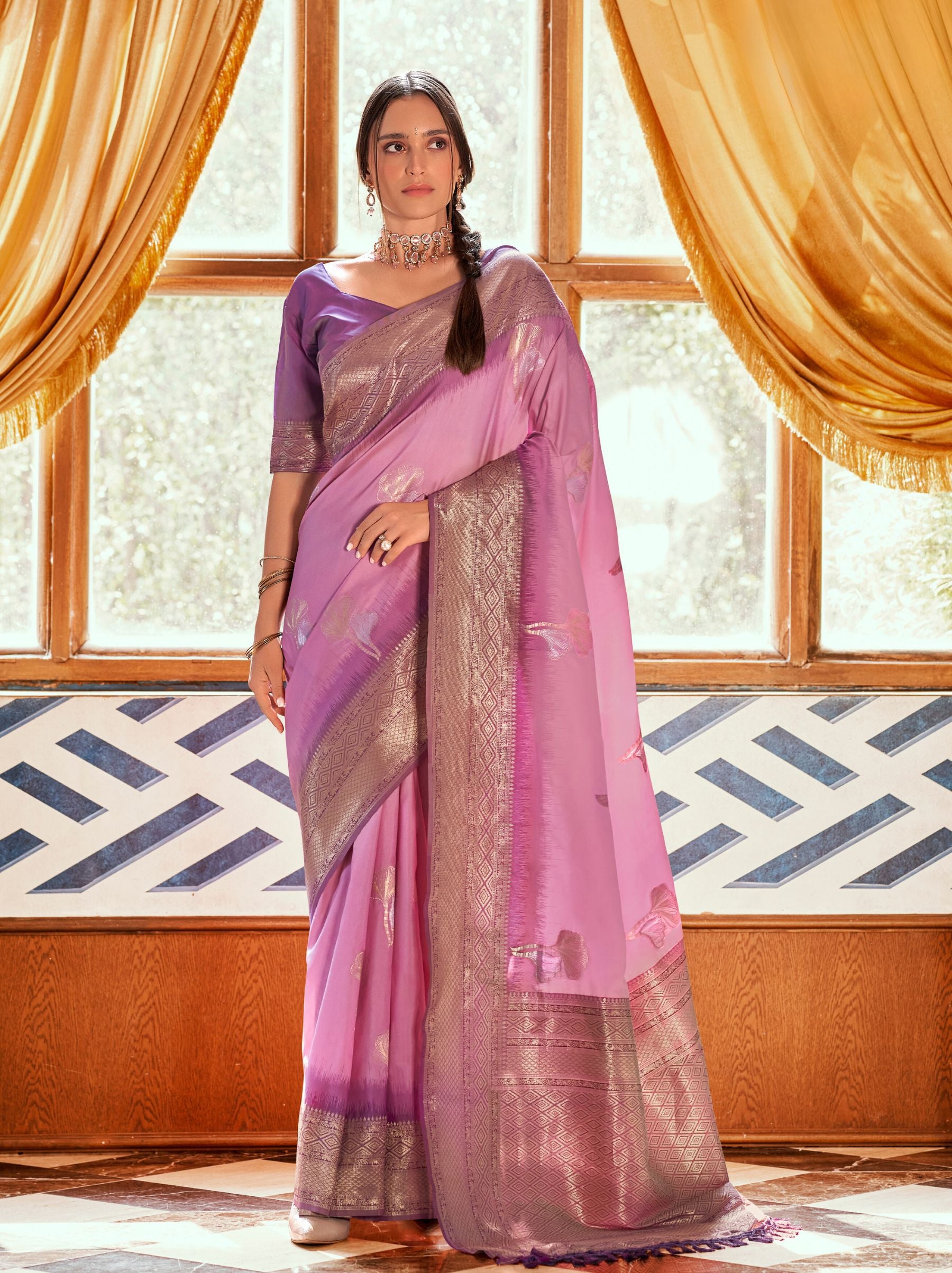 Taffy Pink Zari Woven Silk Wedding Saree - TrendOye