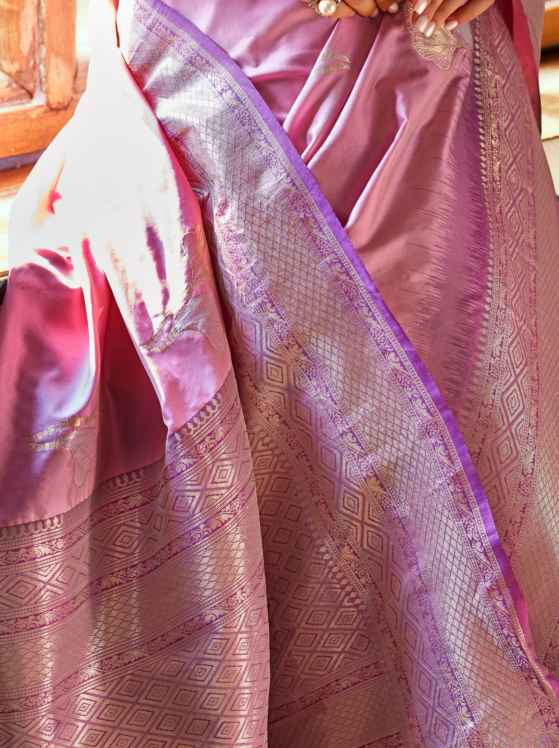 Taffy Pink Zari Woven Silk Wedding Saree - TrendOye
