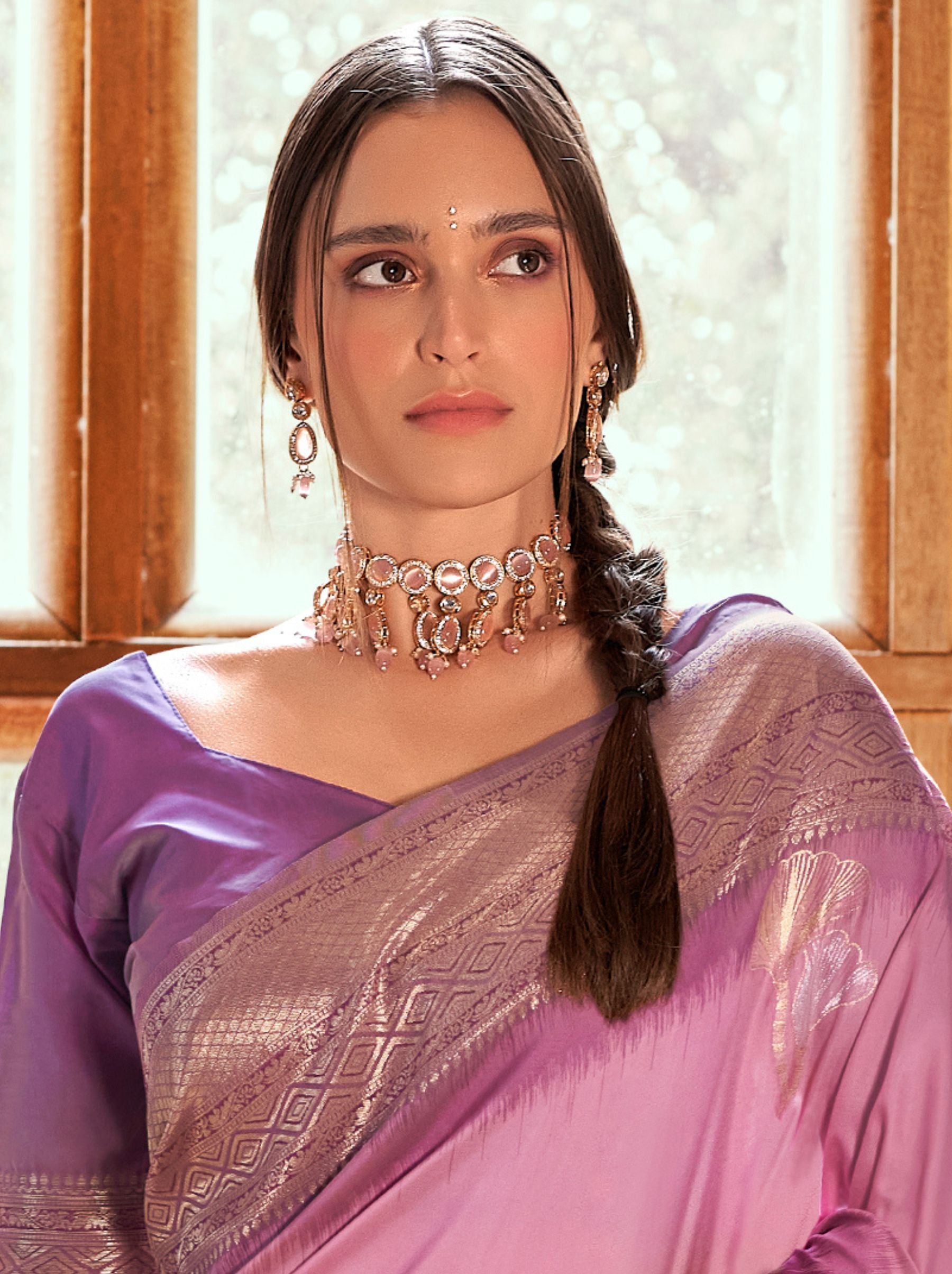 Taffy Pink Zari Woven Silk Wedding Saree - TrendOye