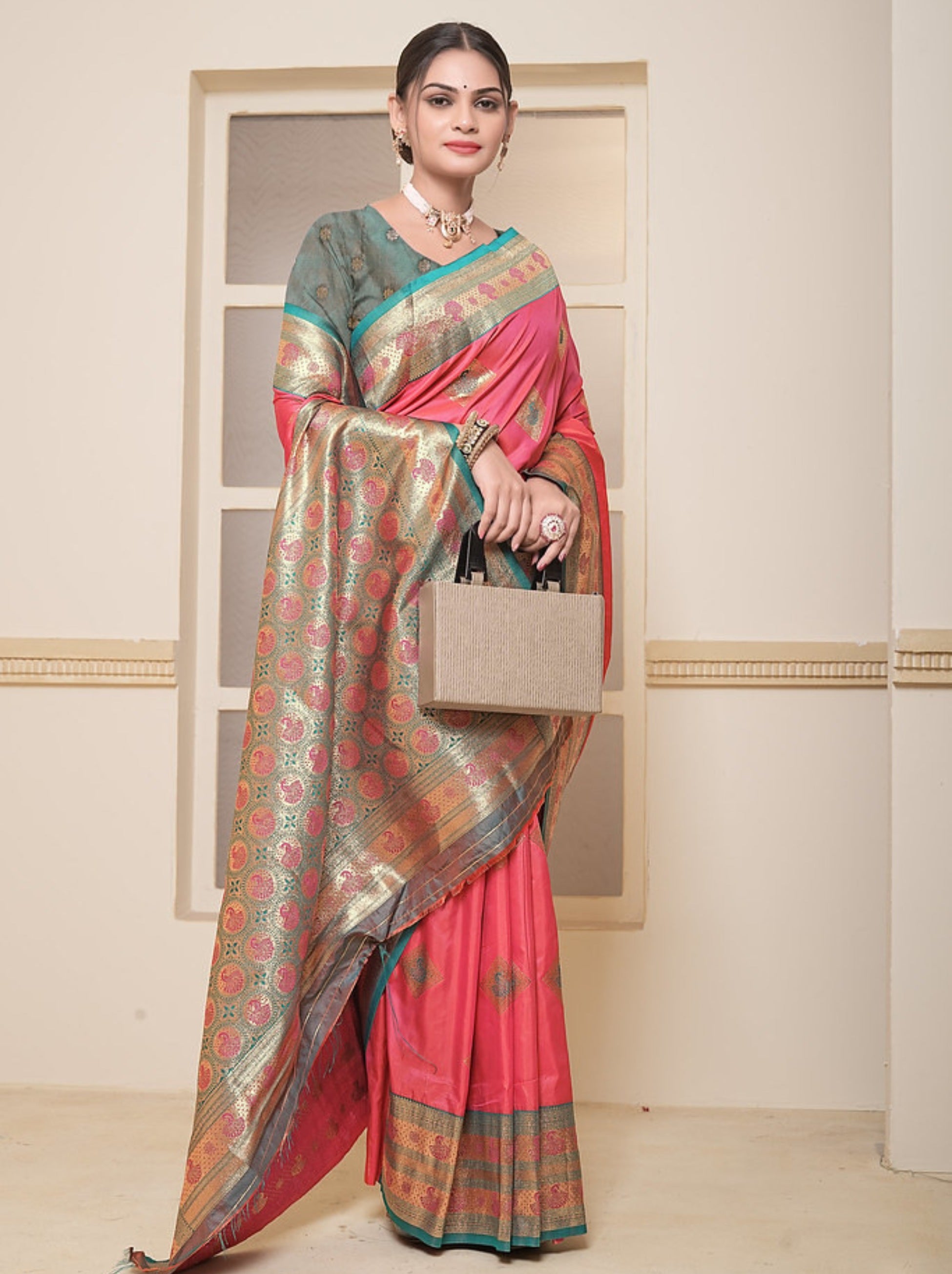Cerise Pink Soft Silk Paithani Saree With Contrast Blouse Piece - TrendOye