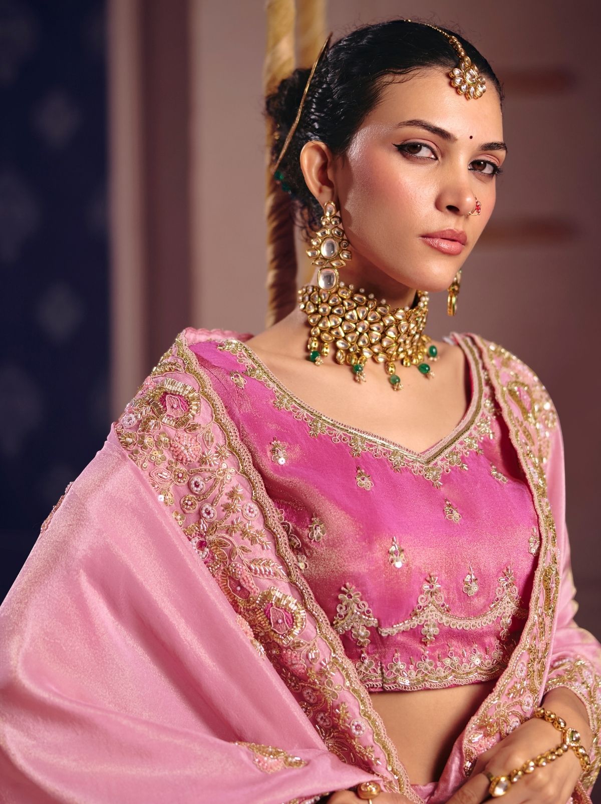 Flamingo Pink Tissue Silk Saree with Couture Beadwork & Zari Detailing