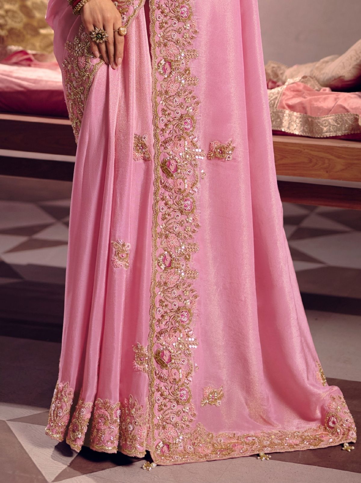 Flamingo Pink Tissue Silk Saree with Couture Beadwork & Zari Detailing