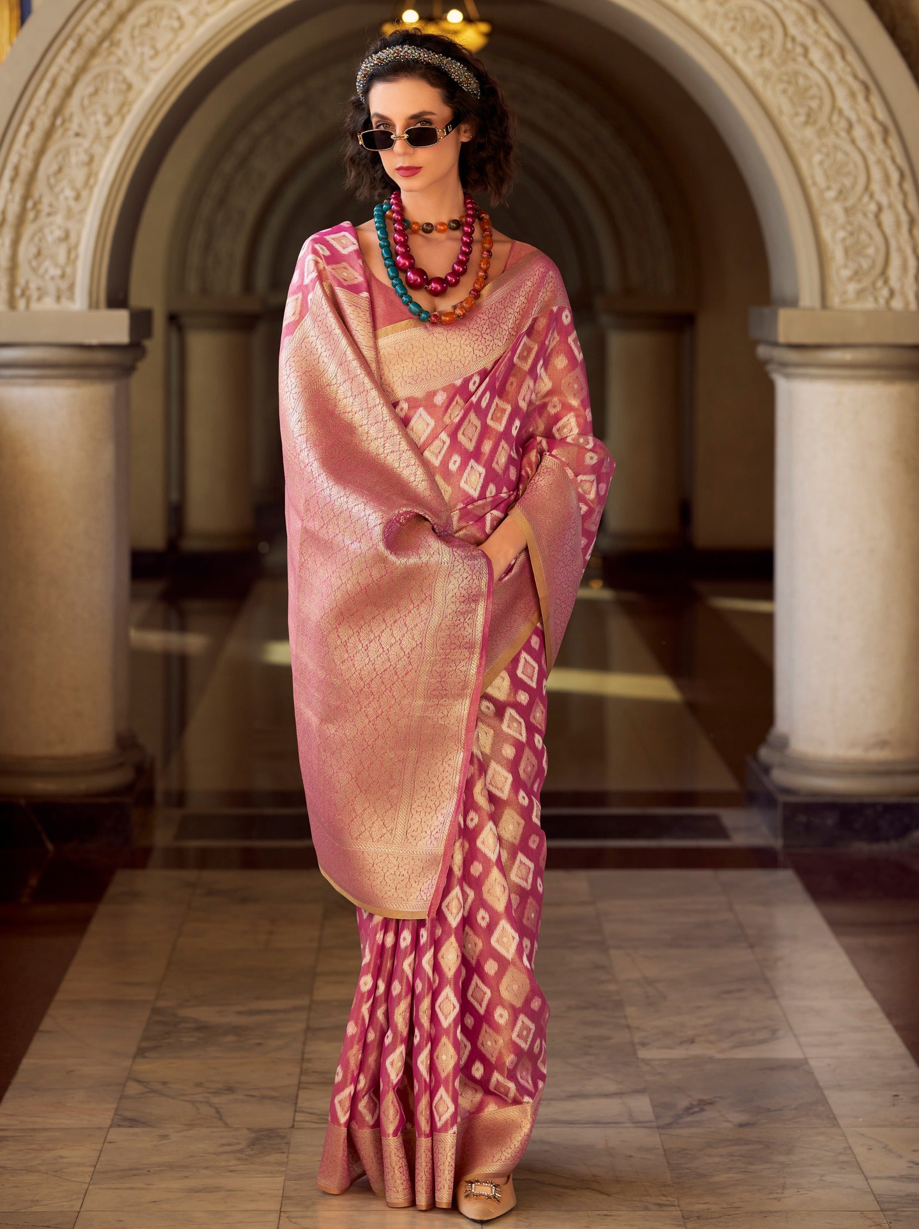 Cerise Pink Premium Tissue Silk Festive Saree - TrendOye