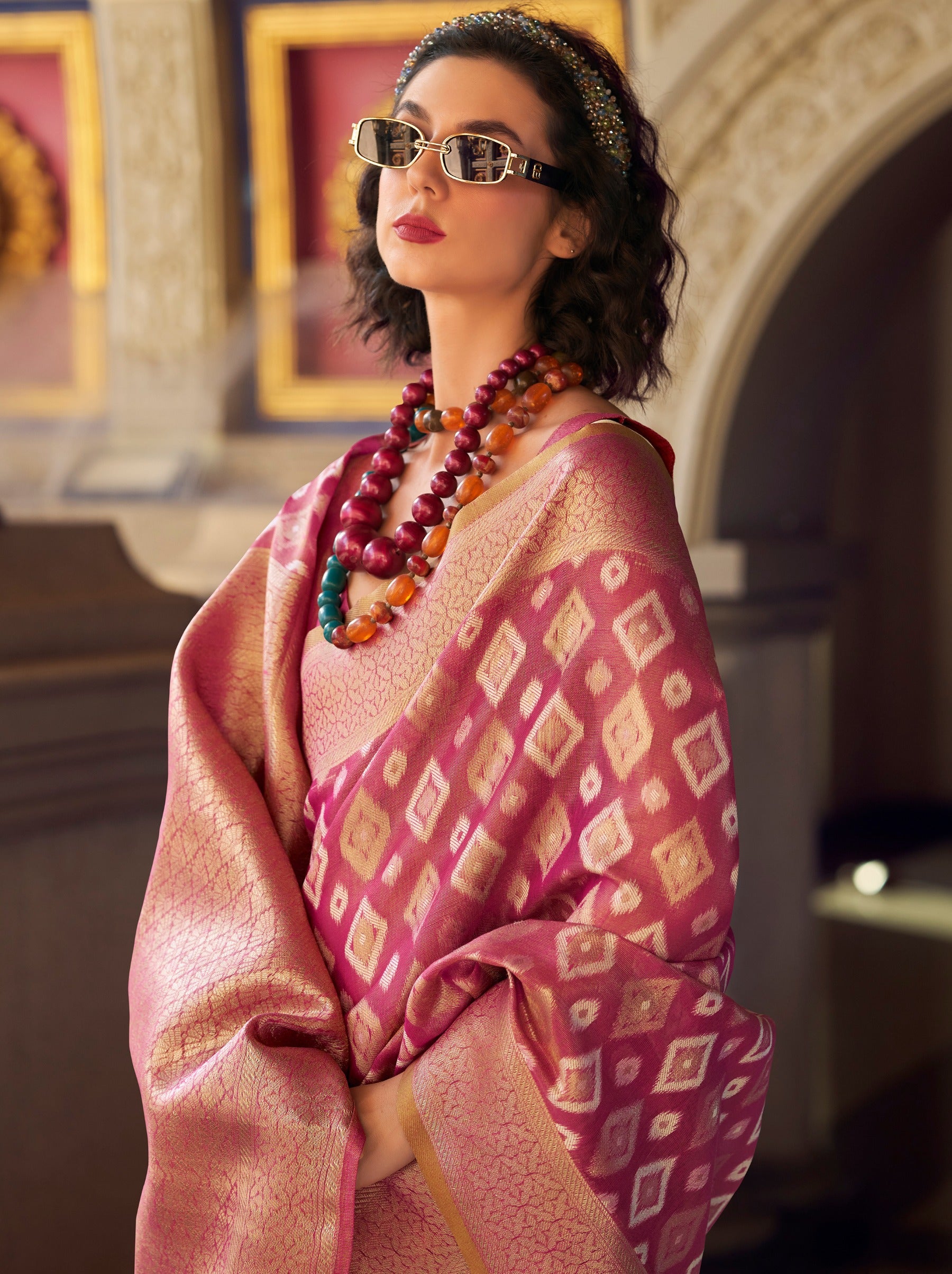 Cerise Pink Premium Tissue Silk Festive Saree - TrendOye