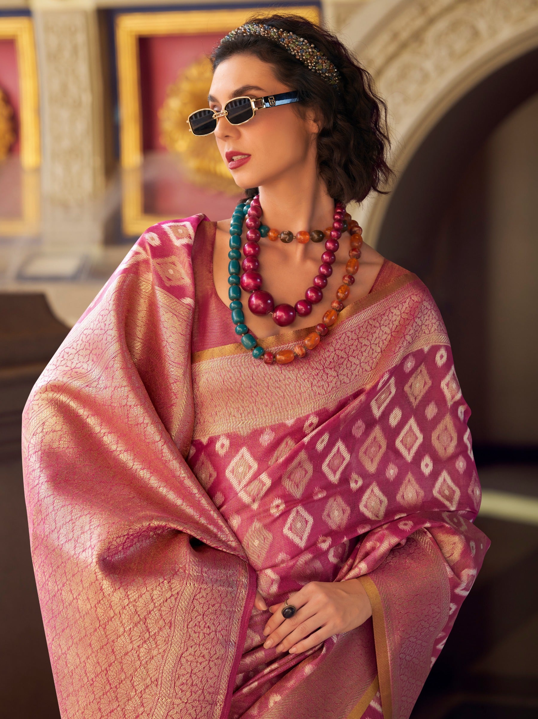 Cerise Pink Premium Tissue Silk Festive Saree - TrendOye