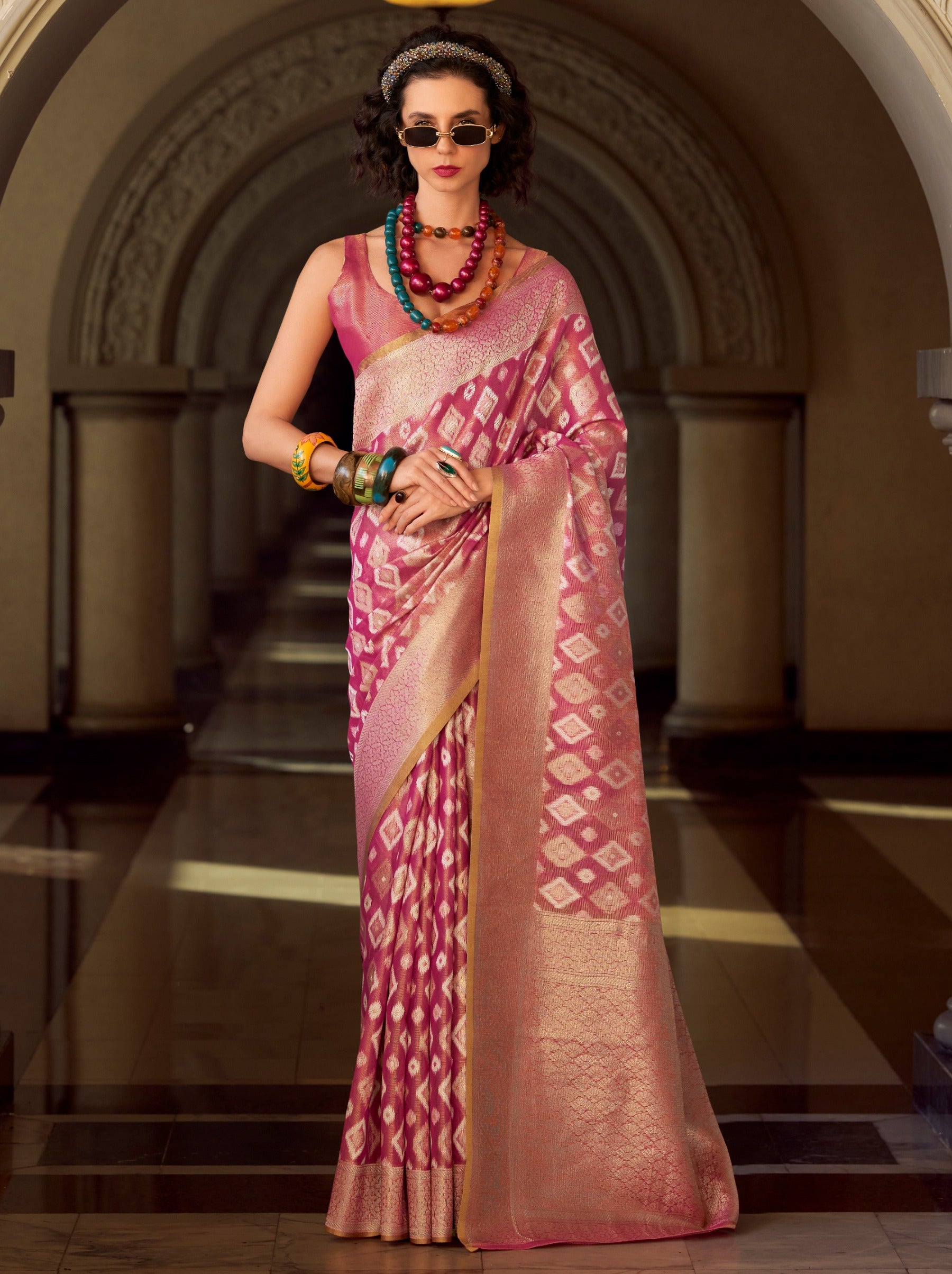 Cerise Pink Premium Tissue Silk Festive Saree - TrendOye