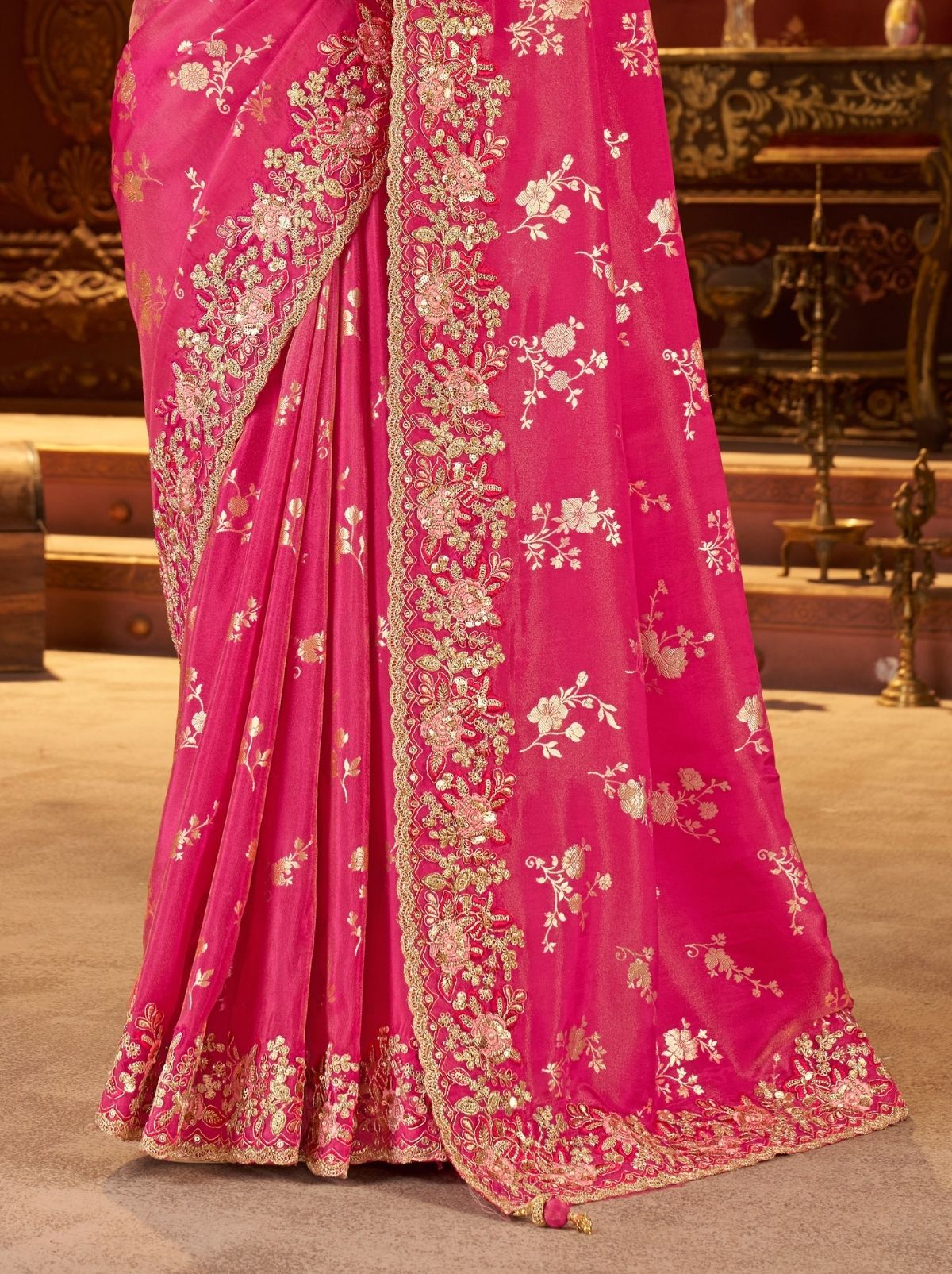 Hot Pink Traditional Bridal Saree With Designer Blouse Piece