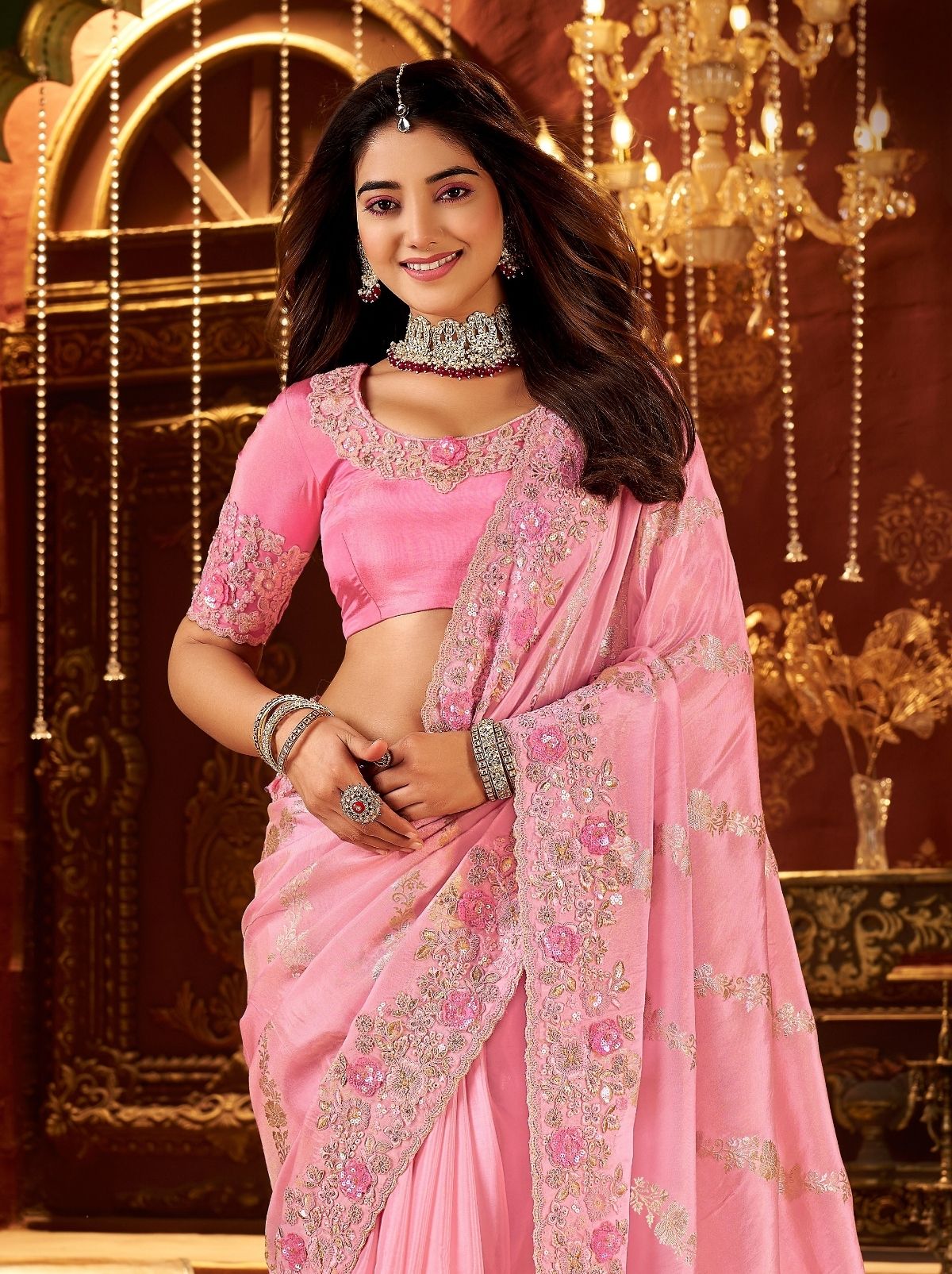Light Pink Traditional Bridal Saree With Designer Blouse Piece