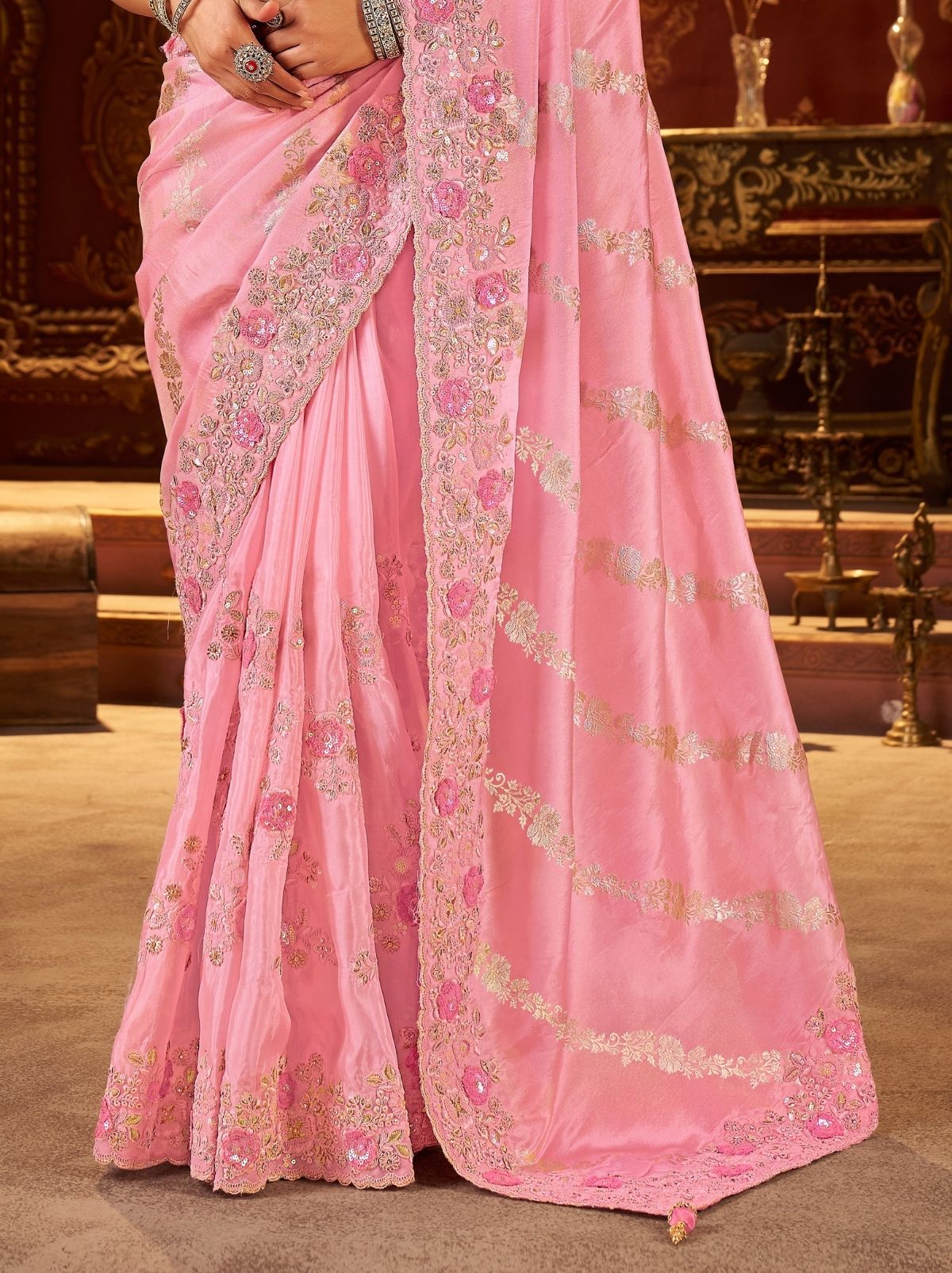 Light Pink Traditional Bridal Saree With Designer Blouse Piece