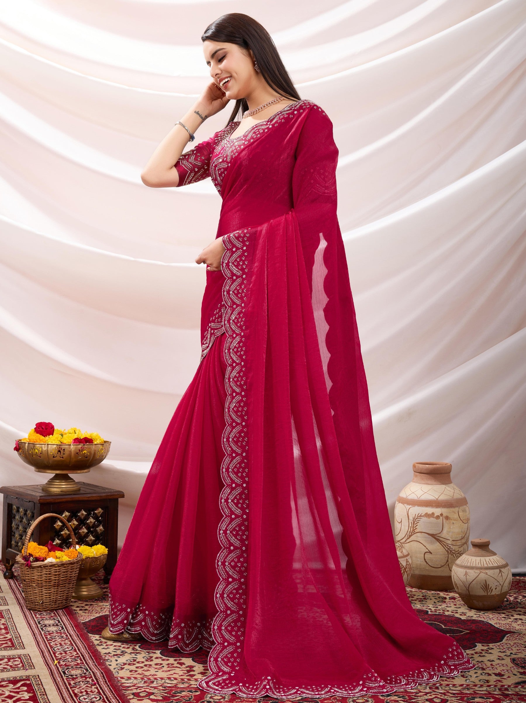 Ruby Pink Party Saree - TrendOye