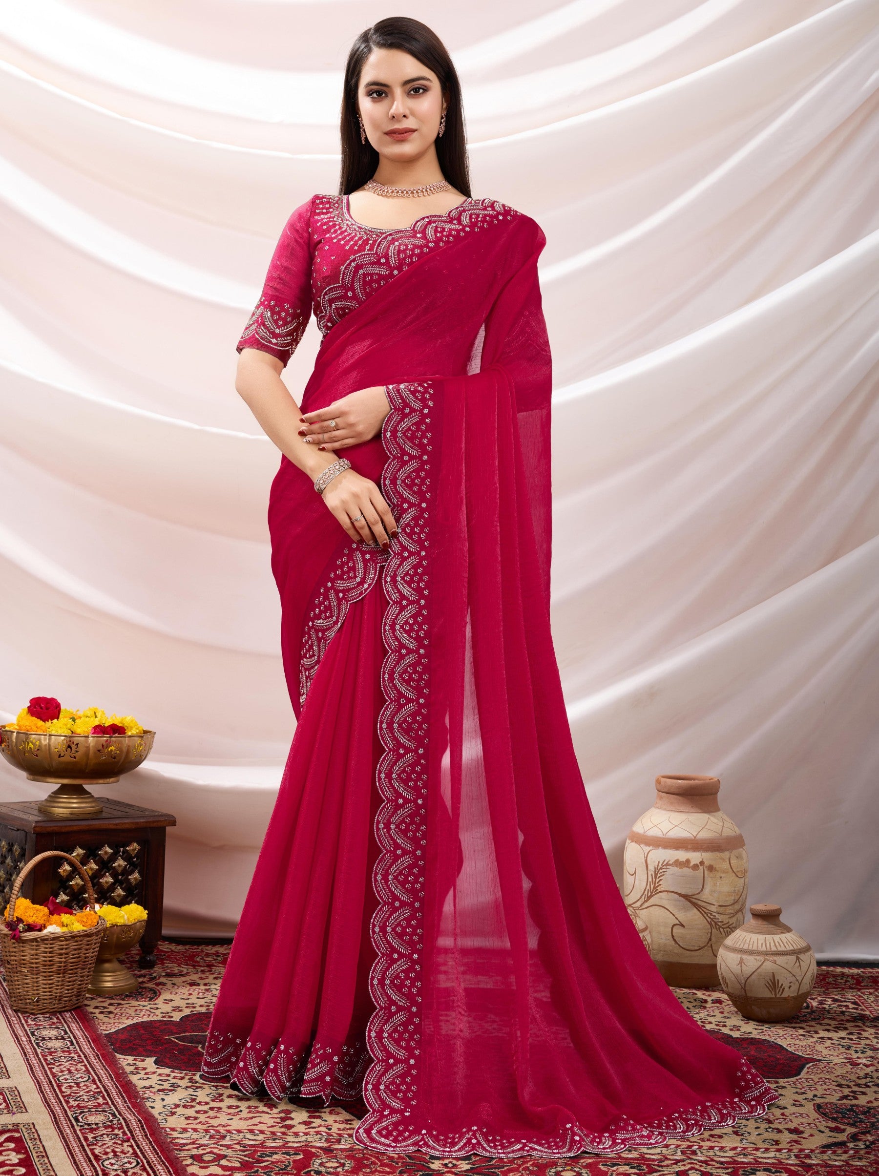 Ruby Pink Party Saree - TrendOye