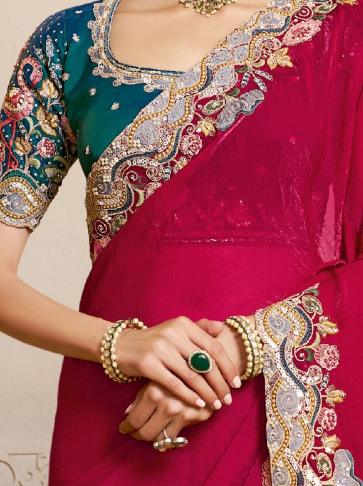 Ruby Pink Two Tone Satin Silk Saree With Thread Work