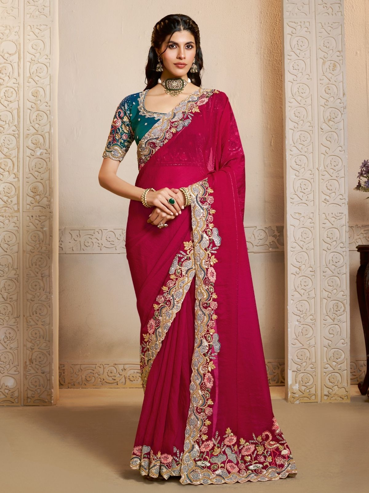 Ruby Pink Two Tone Satin Silk Saree With Thread Work