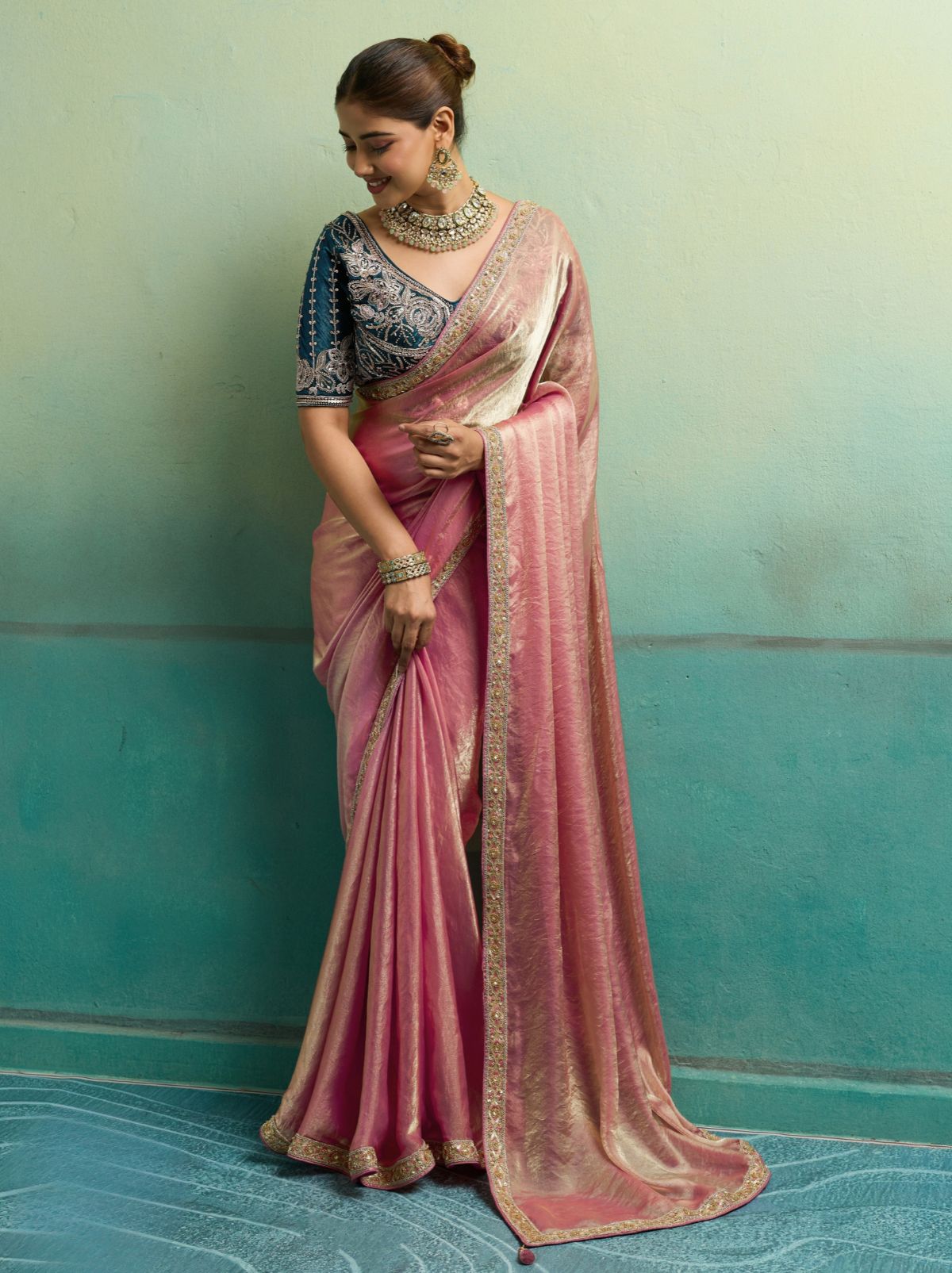 Flamingo Pink Velvet Satin Celebration Saree with Heavy Blouse