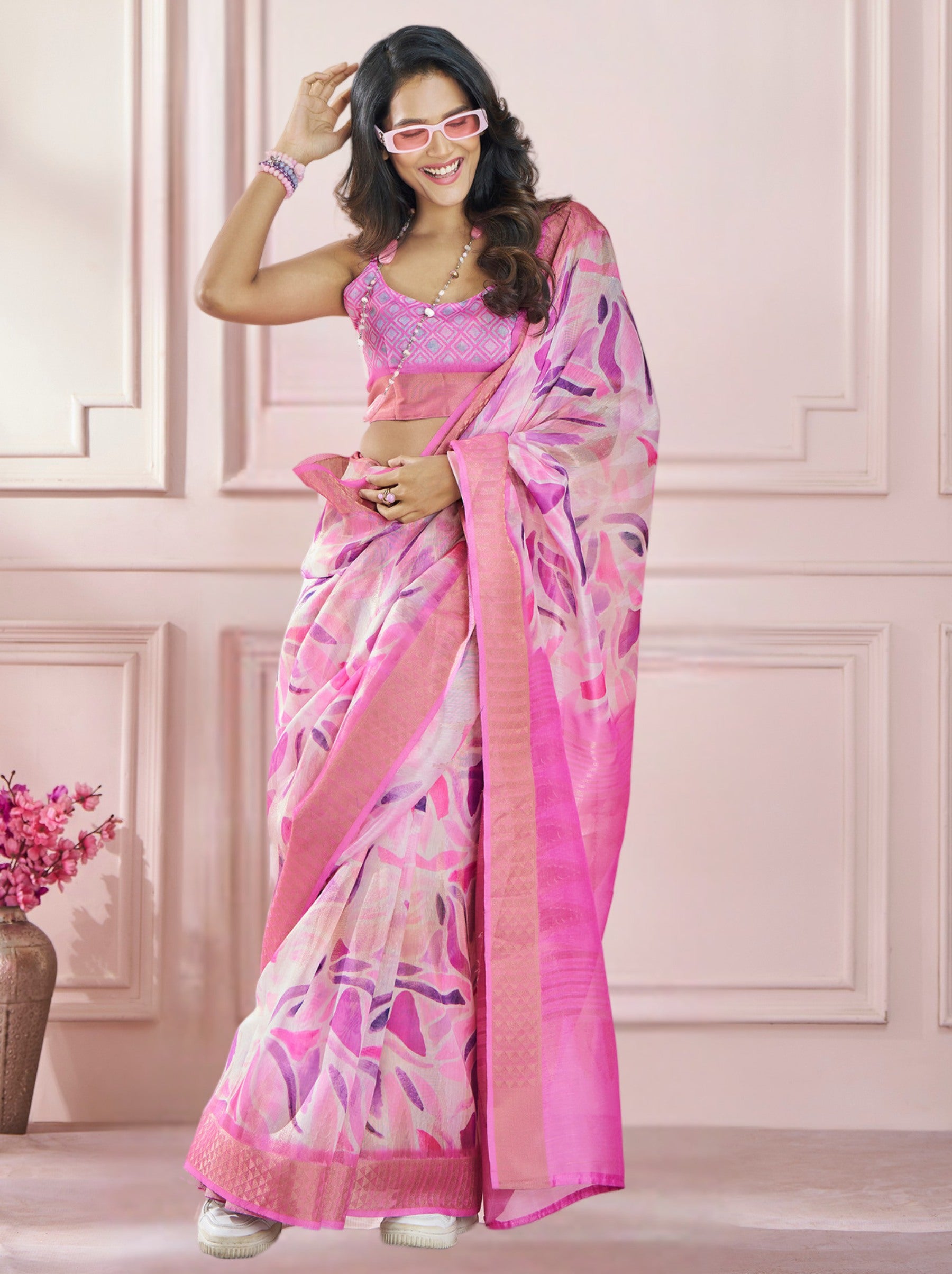 Carnation Pink Celebration Saree - TrendOye