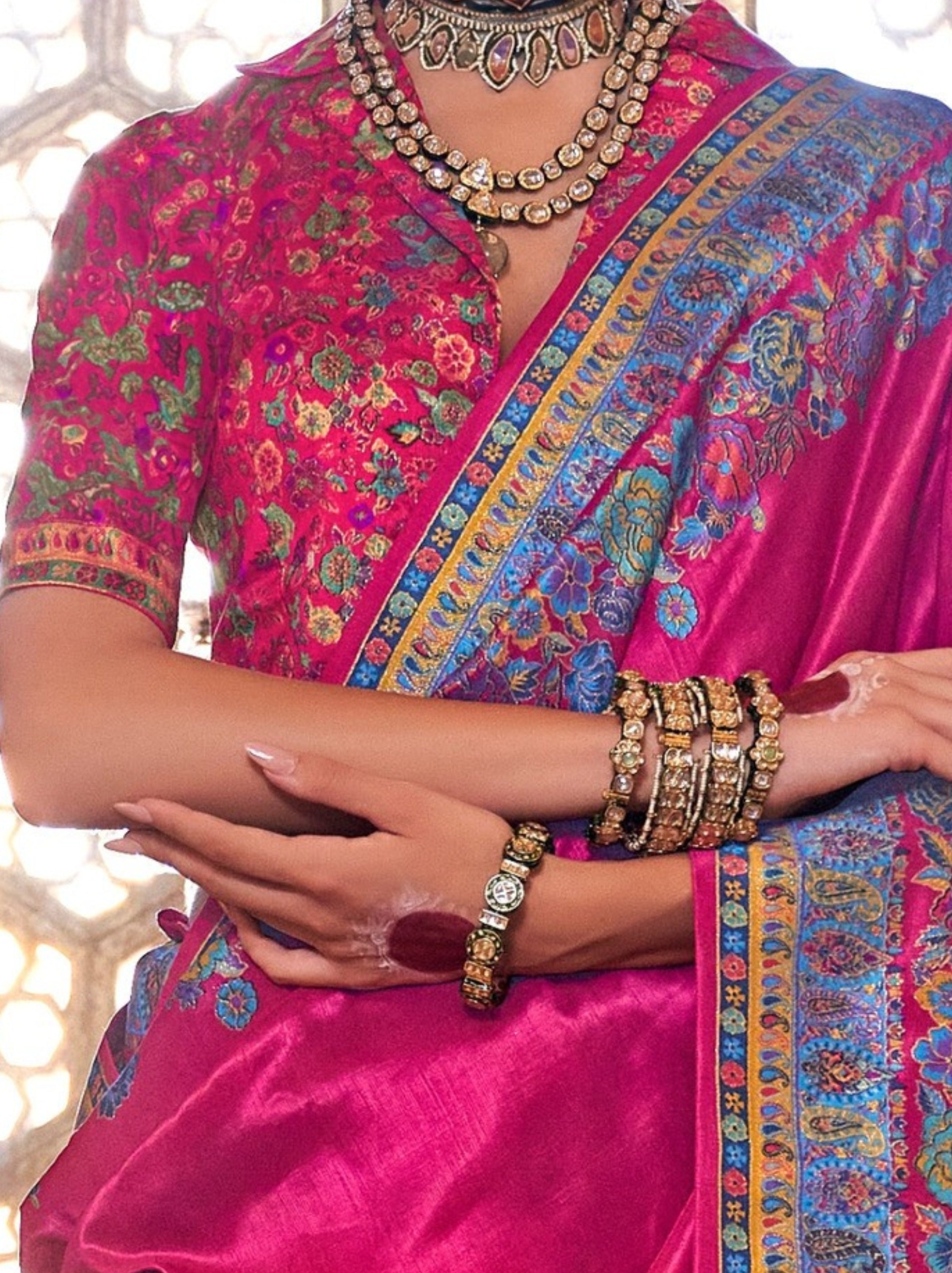 Bright Pink Ethnic Designer Silk Saree With Blouse Piece