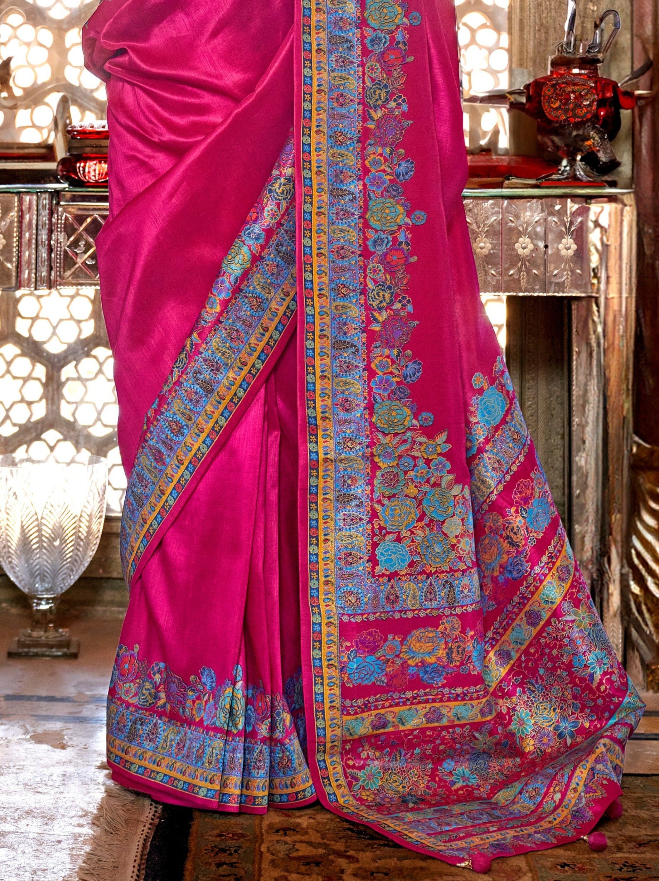 Bright Pink Ethnic Designer Silk Saree With Blouse Piece