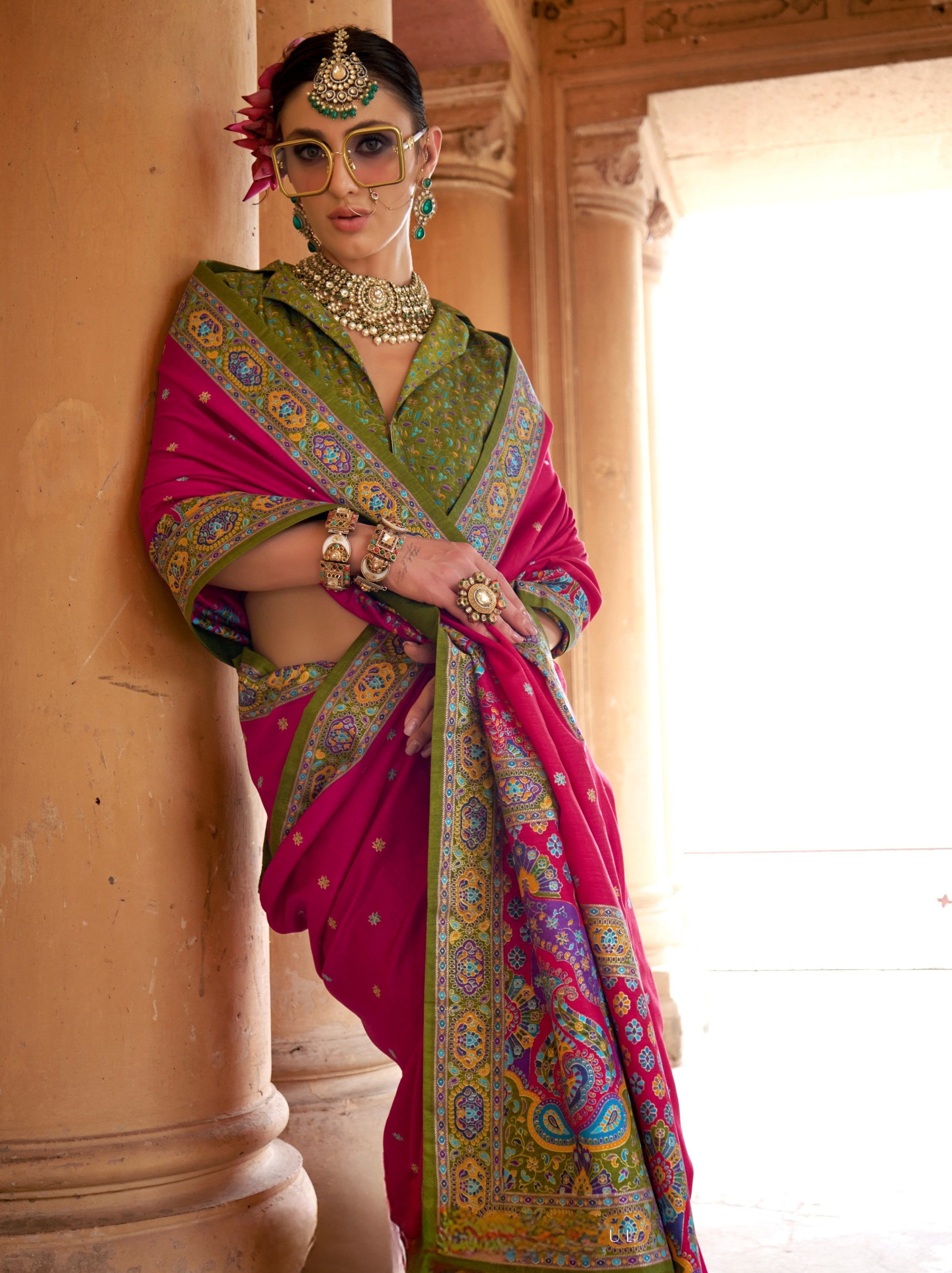 Vibrant Pink Ethnic Celebration Silk Saree With Unstitched Blouse - TrendOye