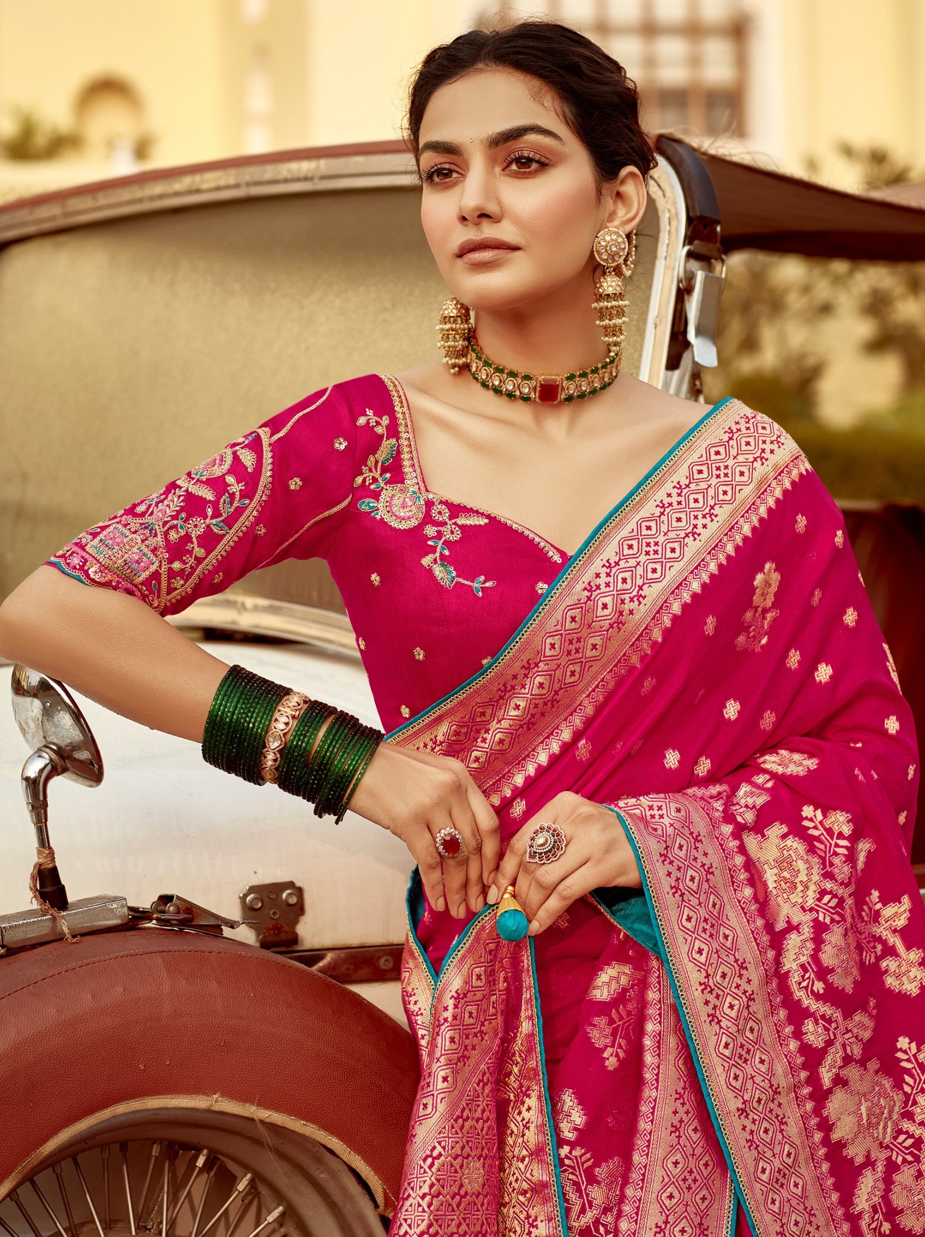 Ruby Pink Designer Dola Silk Wedding Saree - TrendOye
