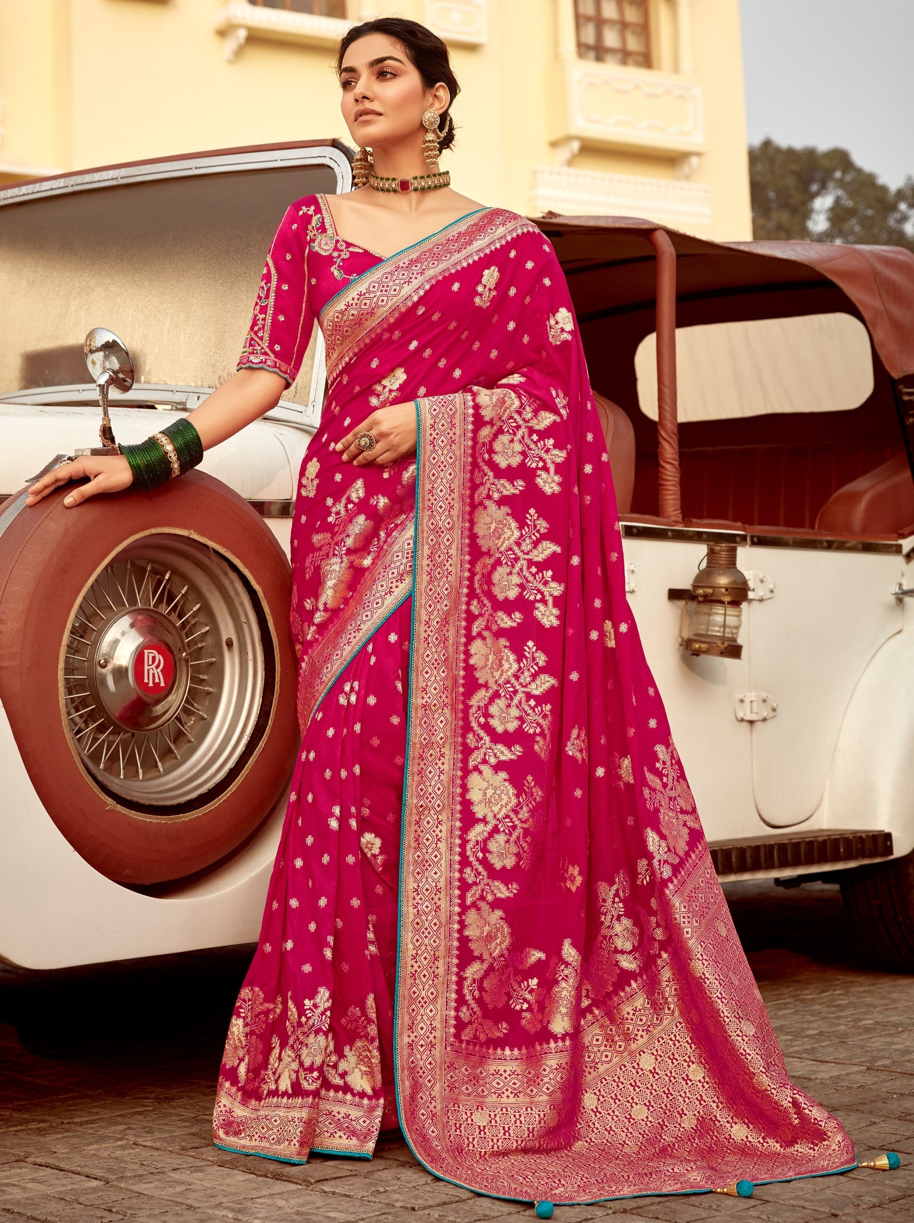 Ruby Pink Designer Dola Silk Wedding Saree - TrendOye