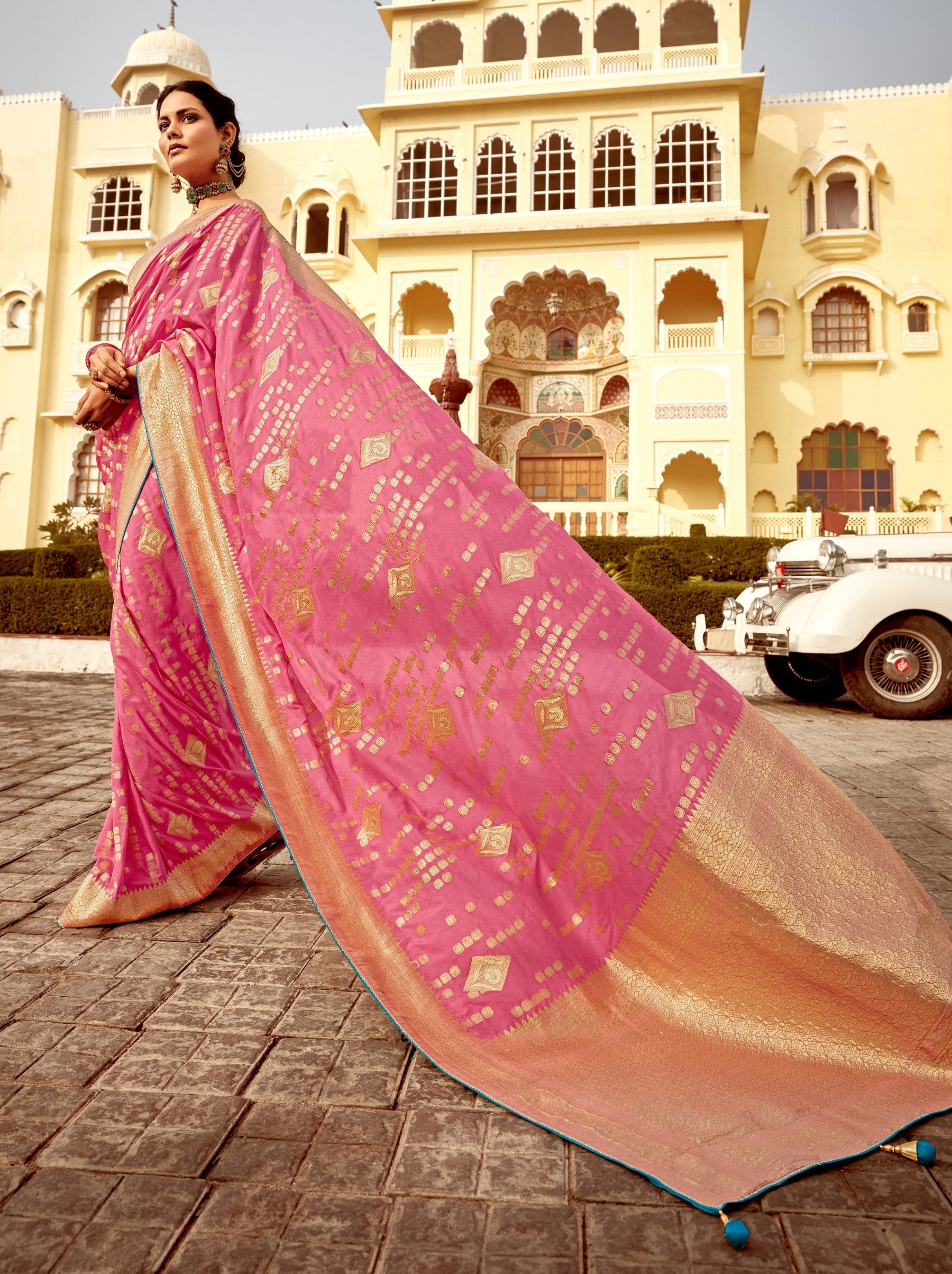 Bubble Gum Pink Designer Dola Silk Wedding Saree - TrendOye
