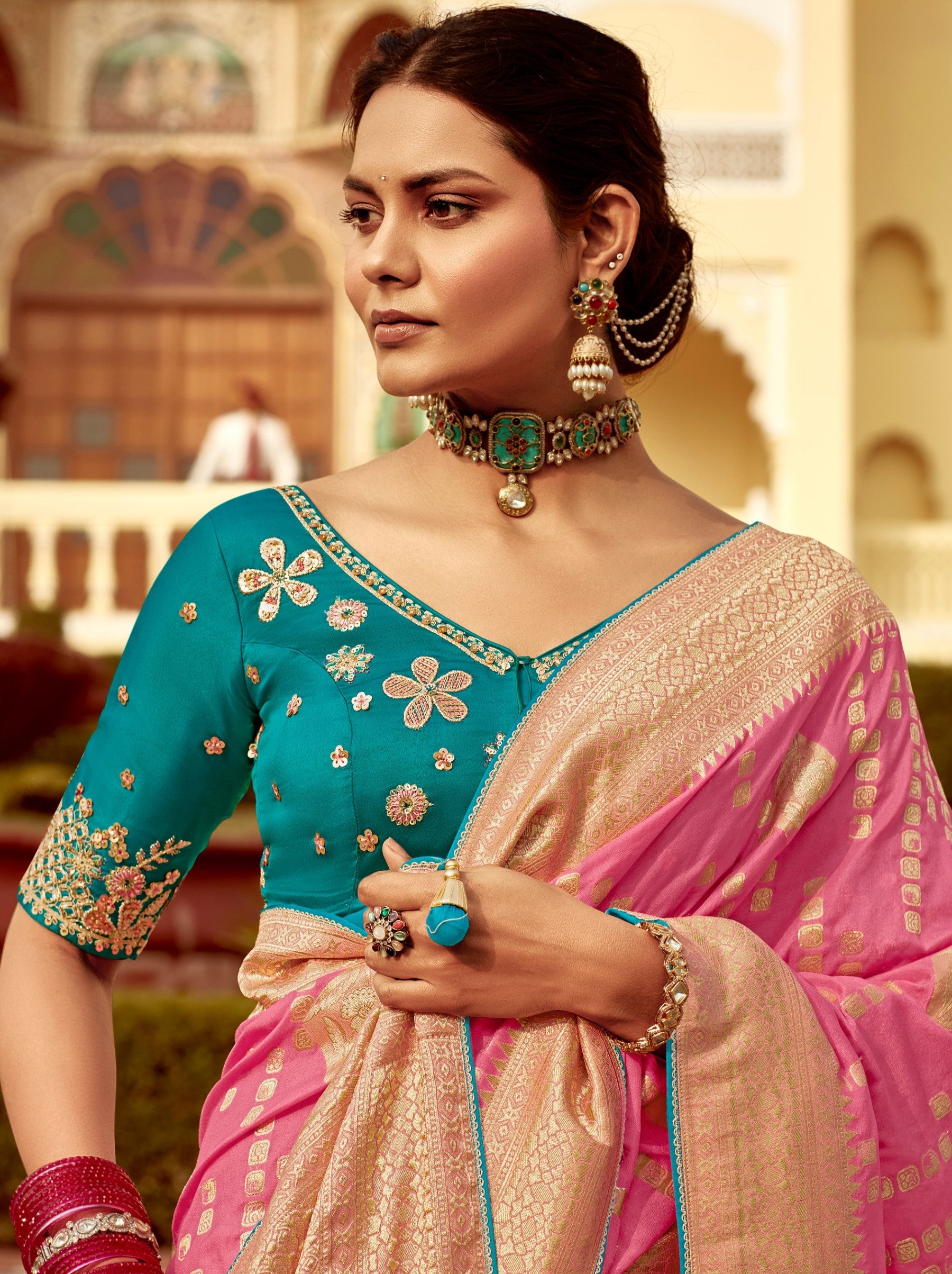 Bubble Gum Pink Designer Dola Silk Wedding Saree - TrendOye