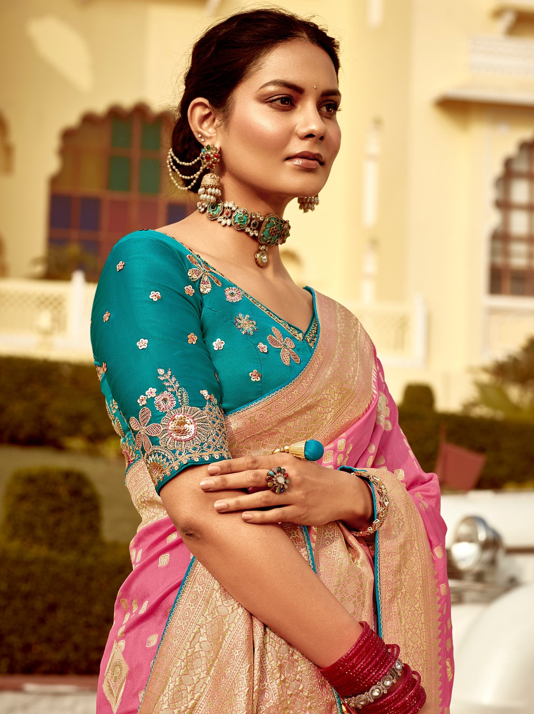 Bubble Gum Pink Designer Dola Silk Wedding Saree - TrendOye