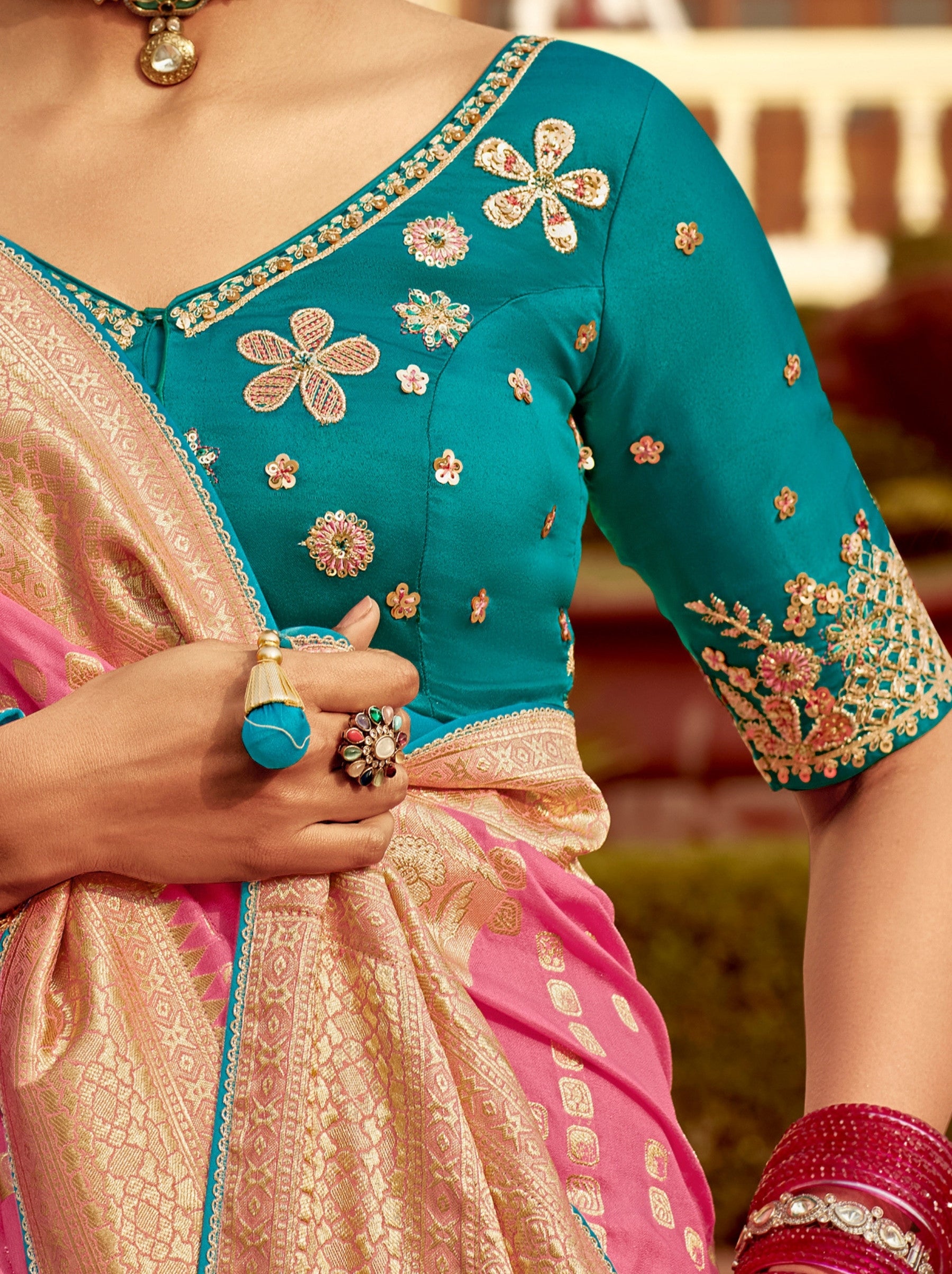 Bubble Gum Pink Designer Dola Silk Wedding Saree - TrendOye