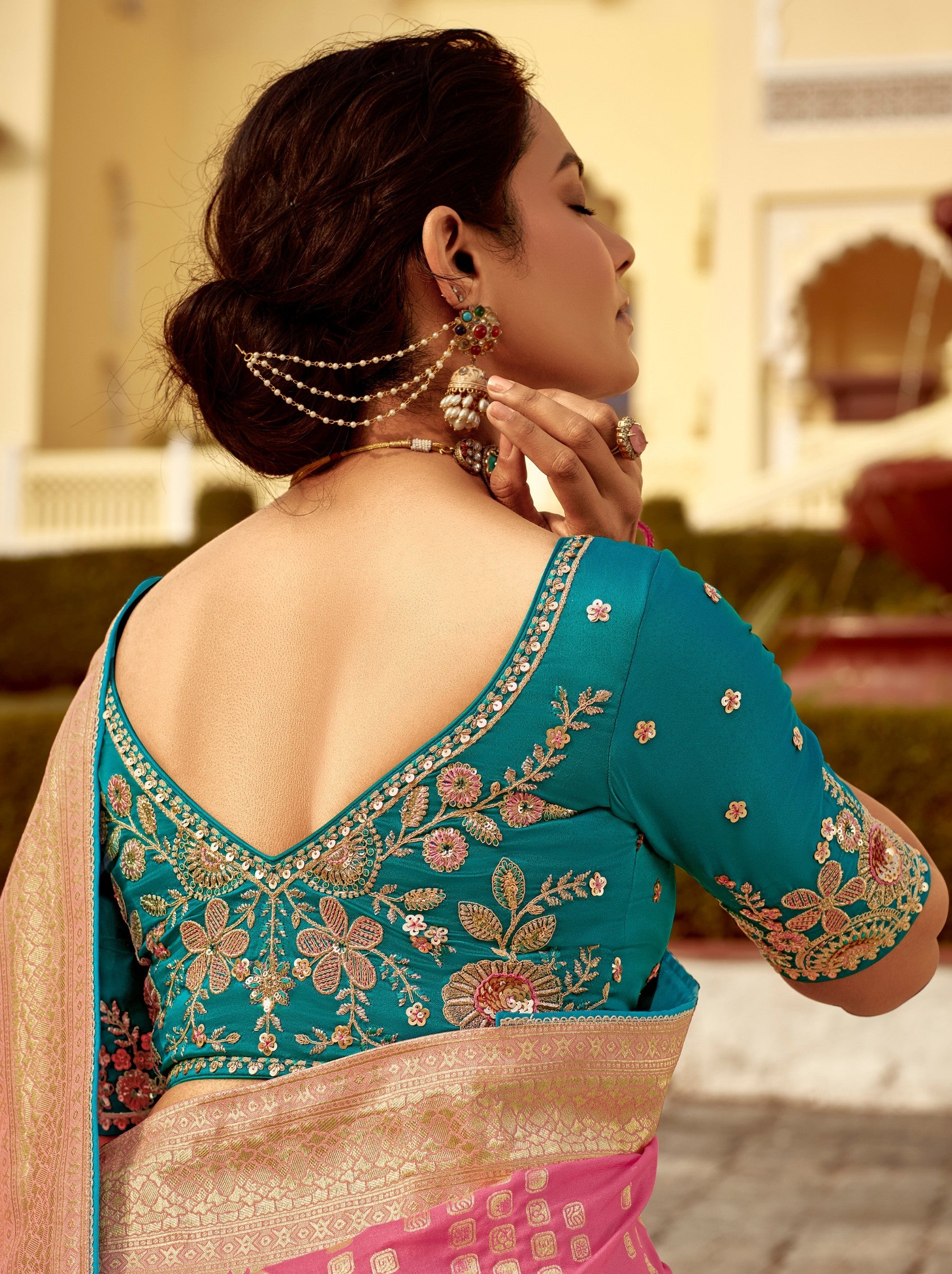 Bubble Gum Pink Designer Dola Silk Wedding Saree - TrendOye