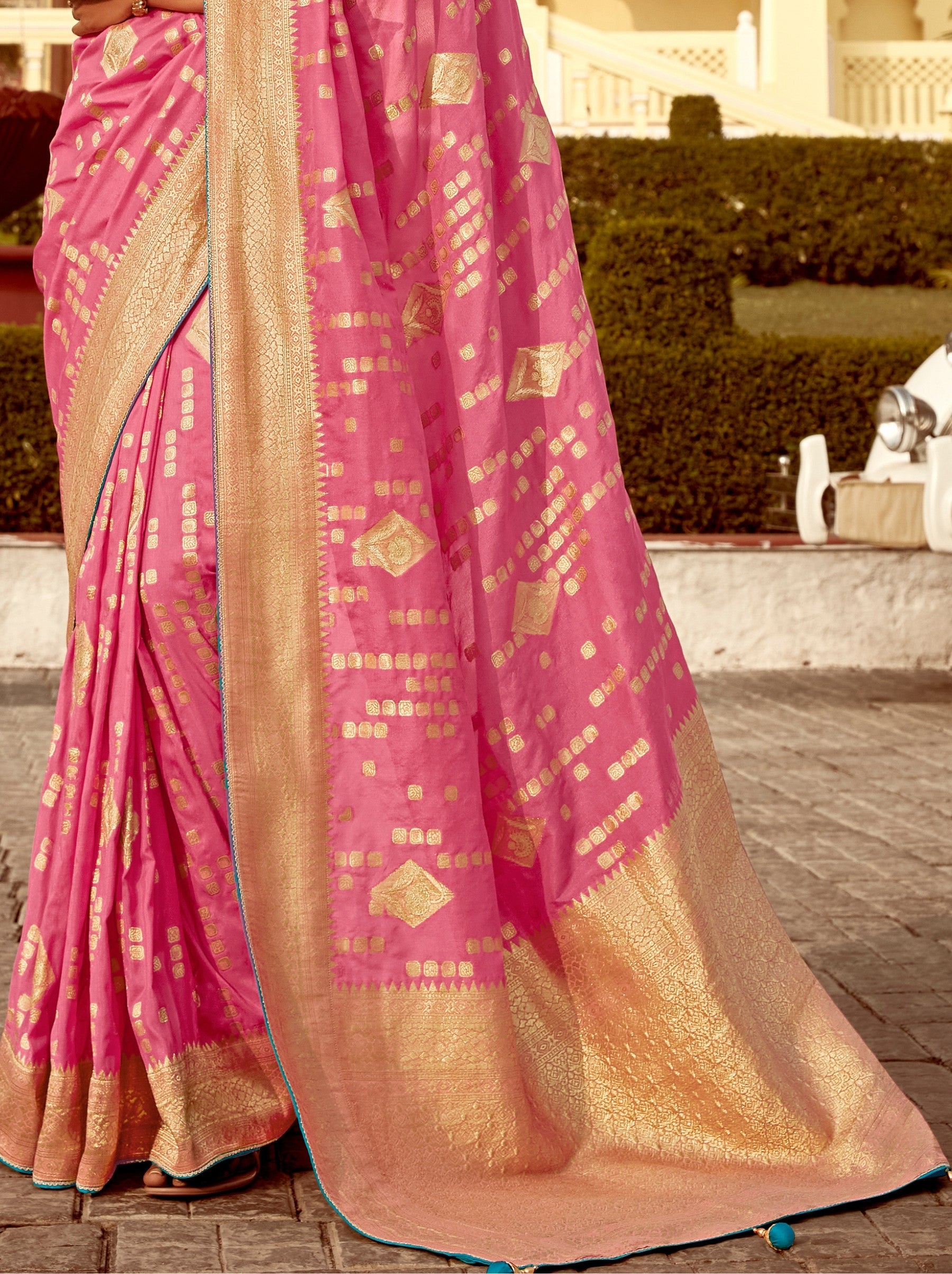 Bubble Gum Pink Designer Dola Silk Wedding Saree - TrendOye