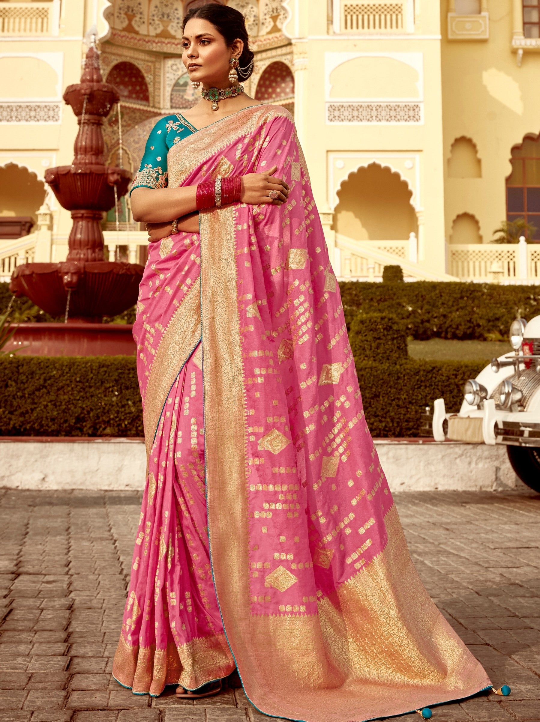 Bubble Gum Pink Designer Dola Silk Wedding Saree - TrendOye